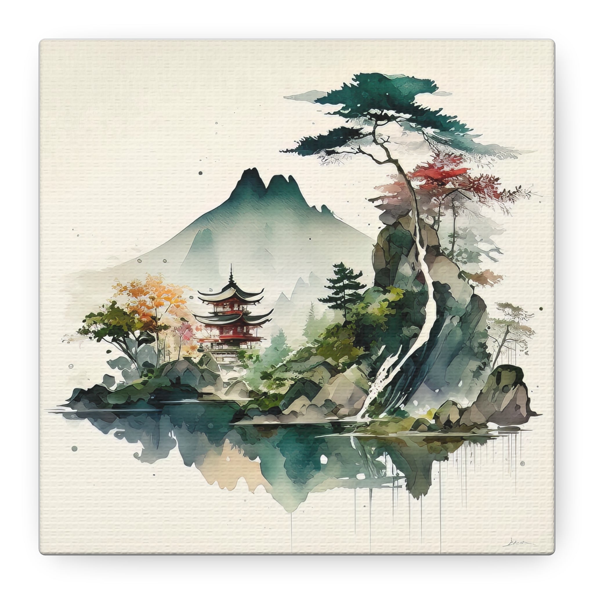 Tranquil Pagoda Reflections - Japanese Watercolor Mountain Landscape Art Print, Floral Canvas Print, Asian-Inspired Home Decor - Gallory Hive