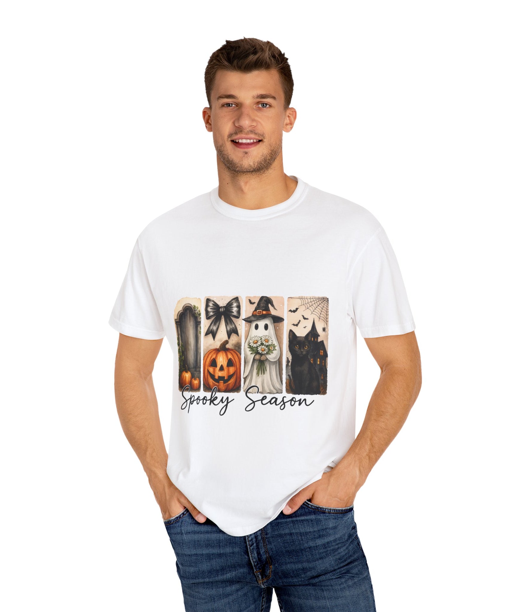 Spooky Season Unisex Halloween T-Shirt – Ghost, Black Cat, Pumpkin & Haunted House Art - Gallory Hive