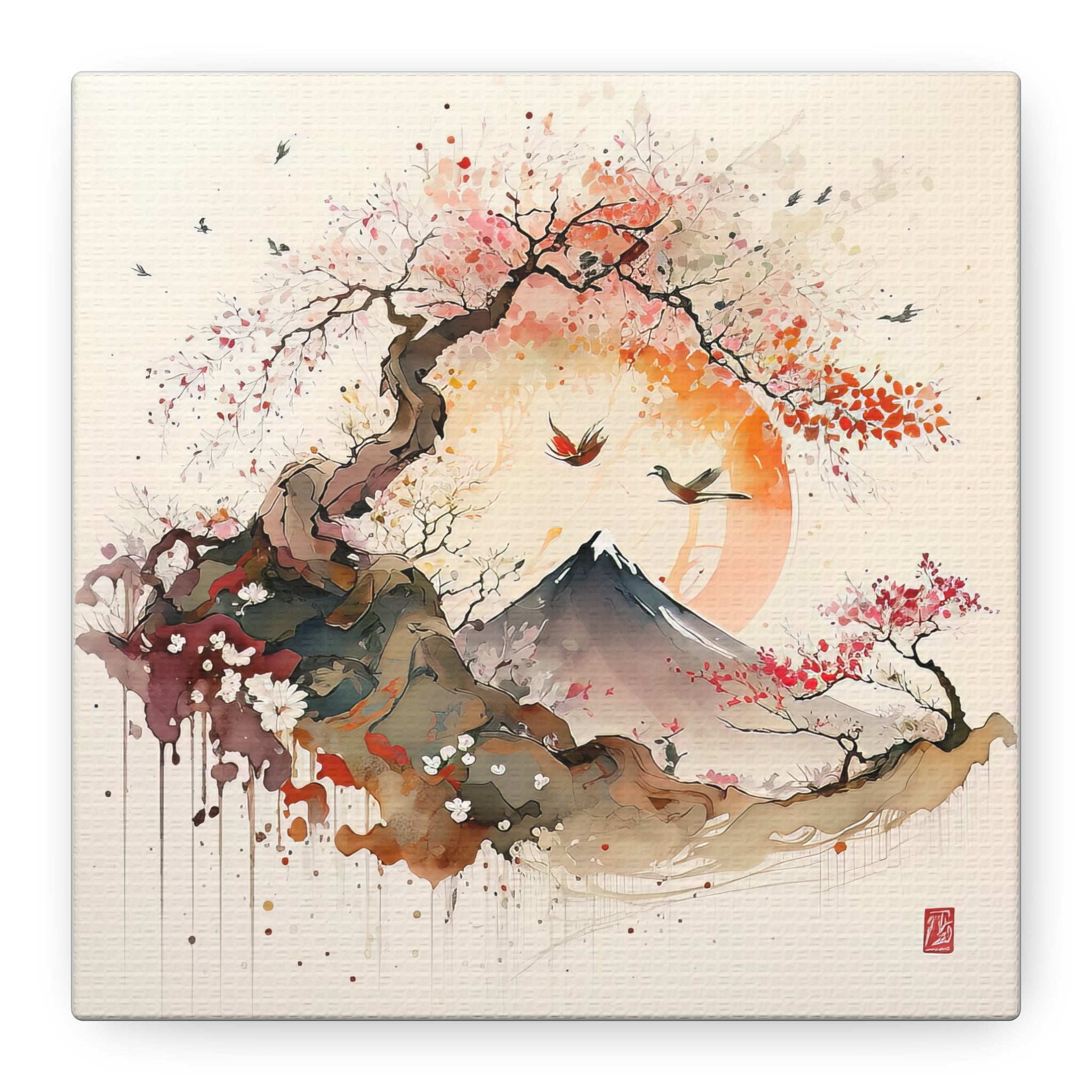 Tranquil Mount Fuji Watercolor Wall Art – Cherry Blossoms & Flying Cranes, Floral Canvas Print, Asian-Inspired Home Decor