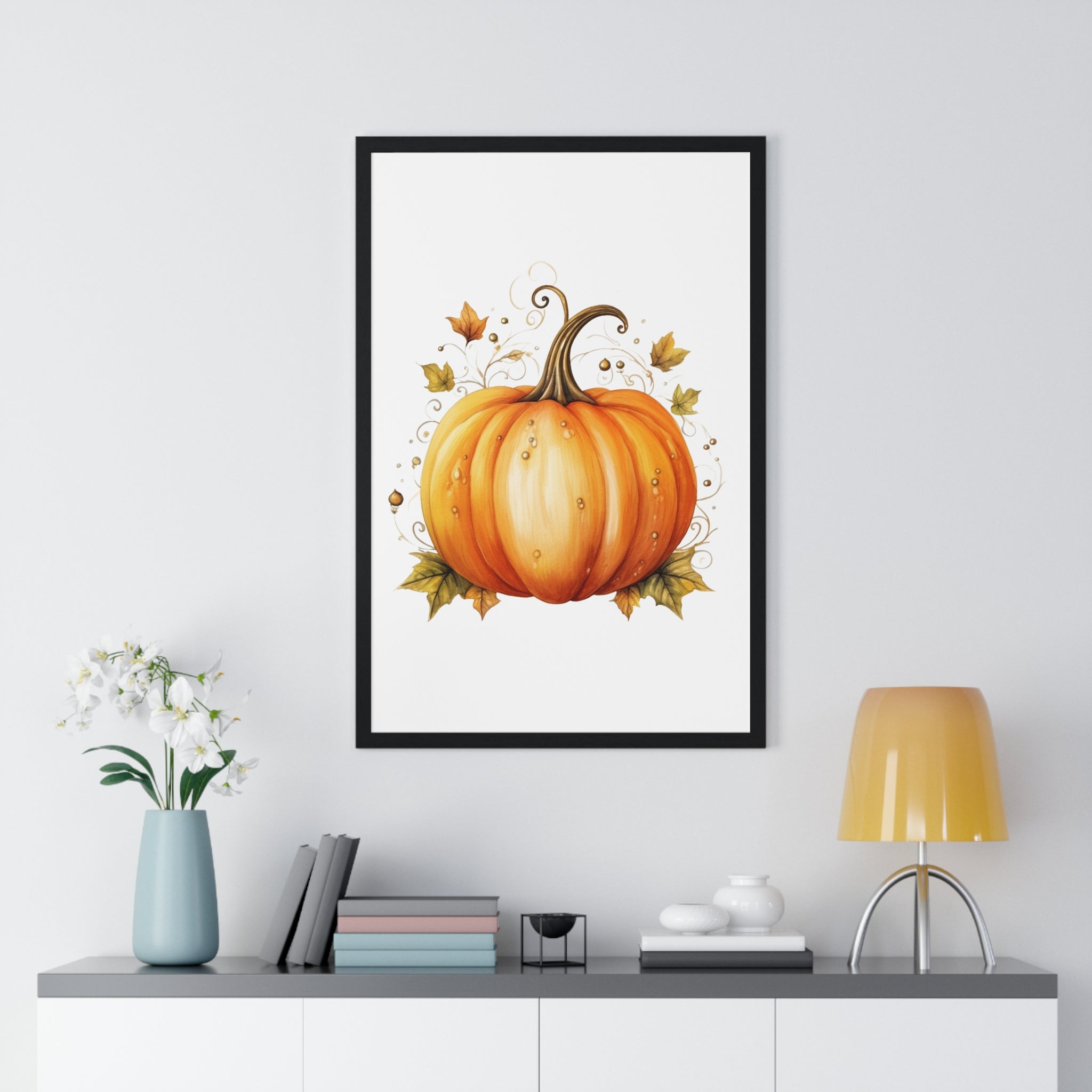 Elegant Autumn Pumpkin Wall Art – Decorative Fall Harvest Poster | Wooden Frame Seasonal Home Decor