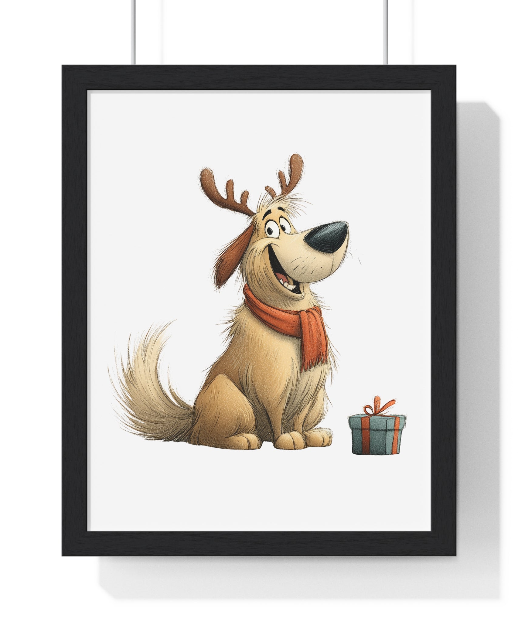 Festive Golden Dog Wall Art – Christmas Wooden Frame Home Décor