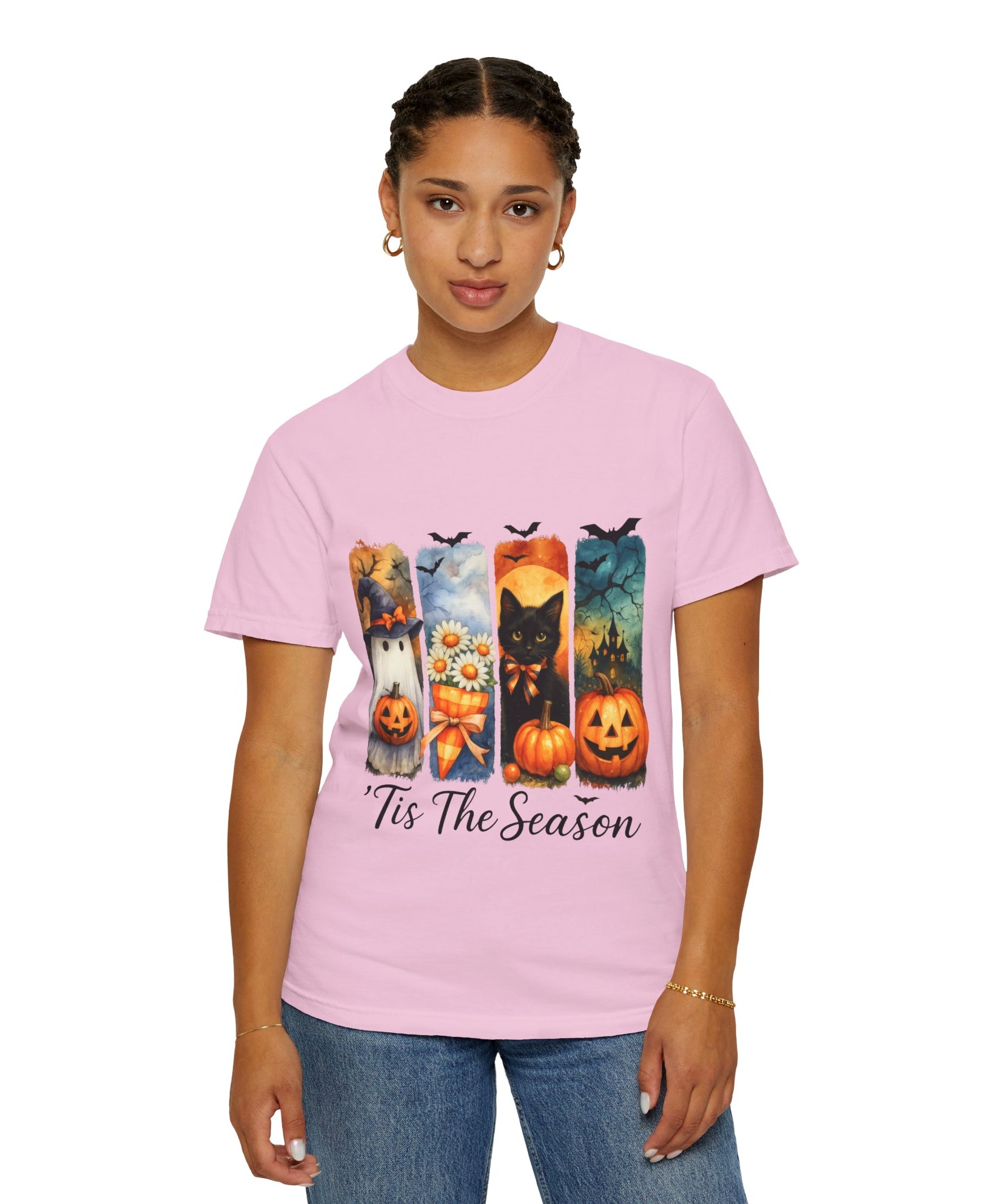 Whimsical Halloween T-Shirt – Ghost, Black Cat, Pumpkins & Haunted House Design - Gallory Hive