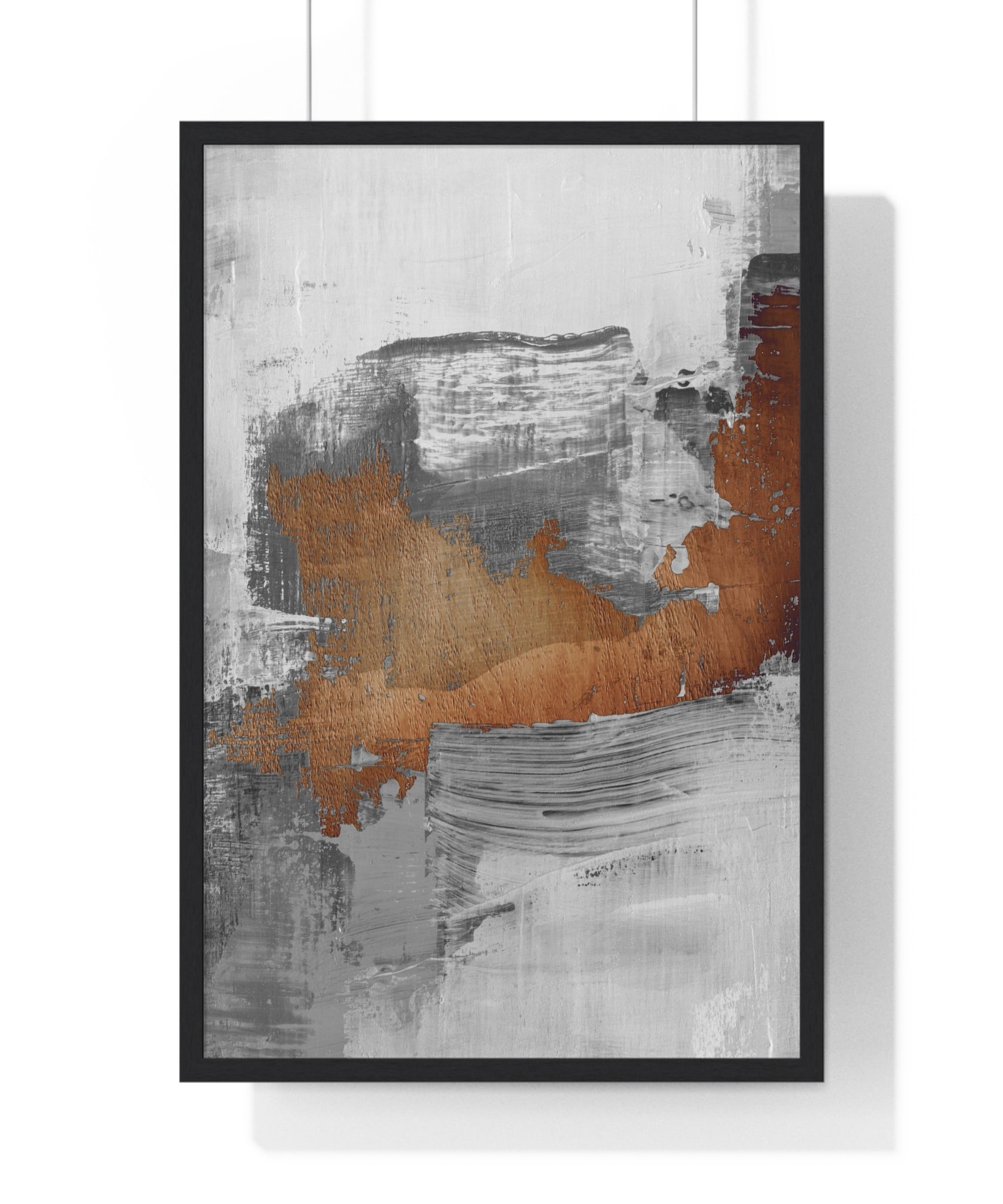 Textured Abstract Wall Art – Grey, Copper & White Modern Brushstroke Poster on Wooden Frame