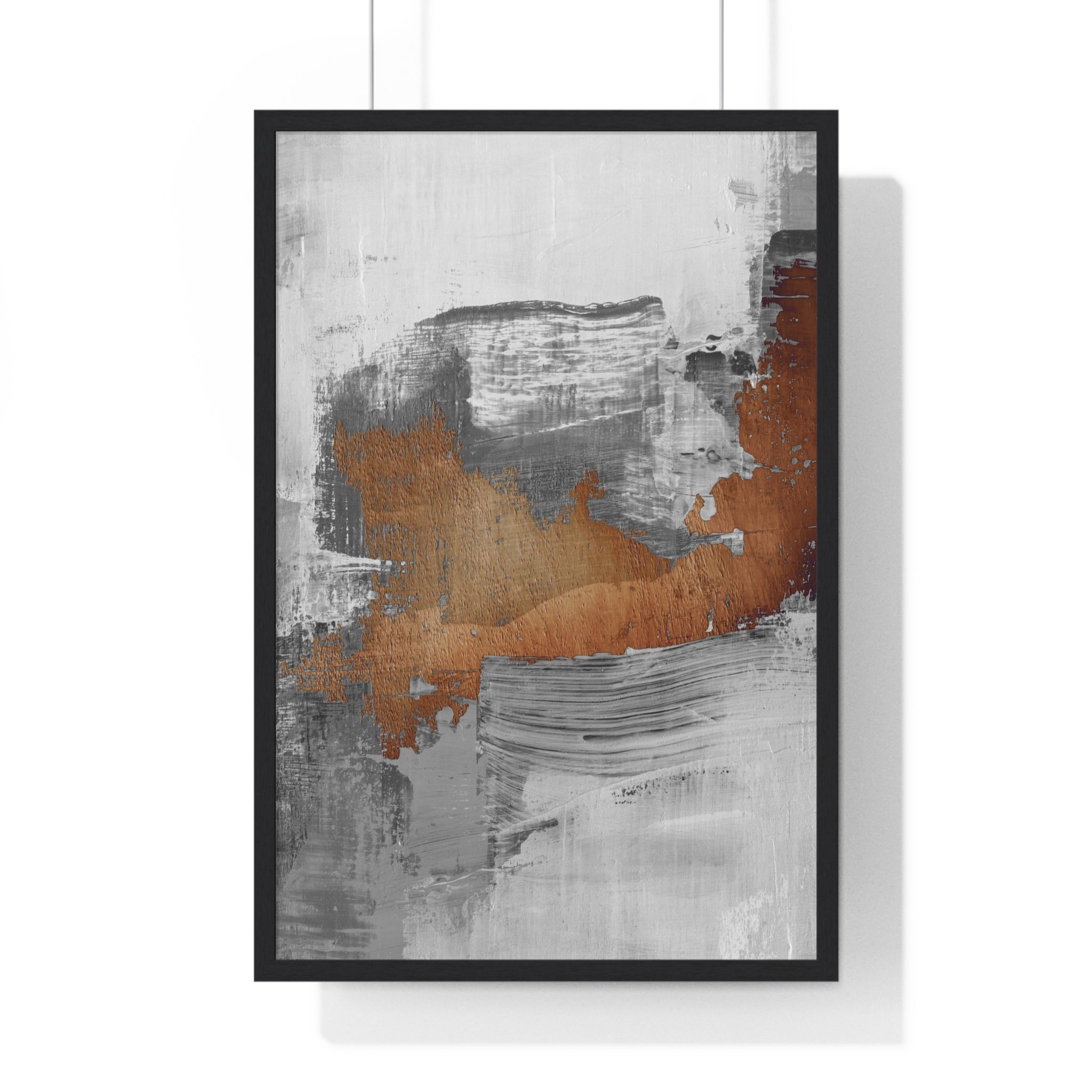 Textured Abstract Wall Art – Grey, Copper & White Modern Brushstroke Poster on Wooden Frame