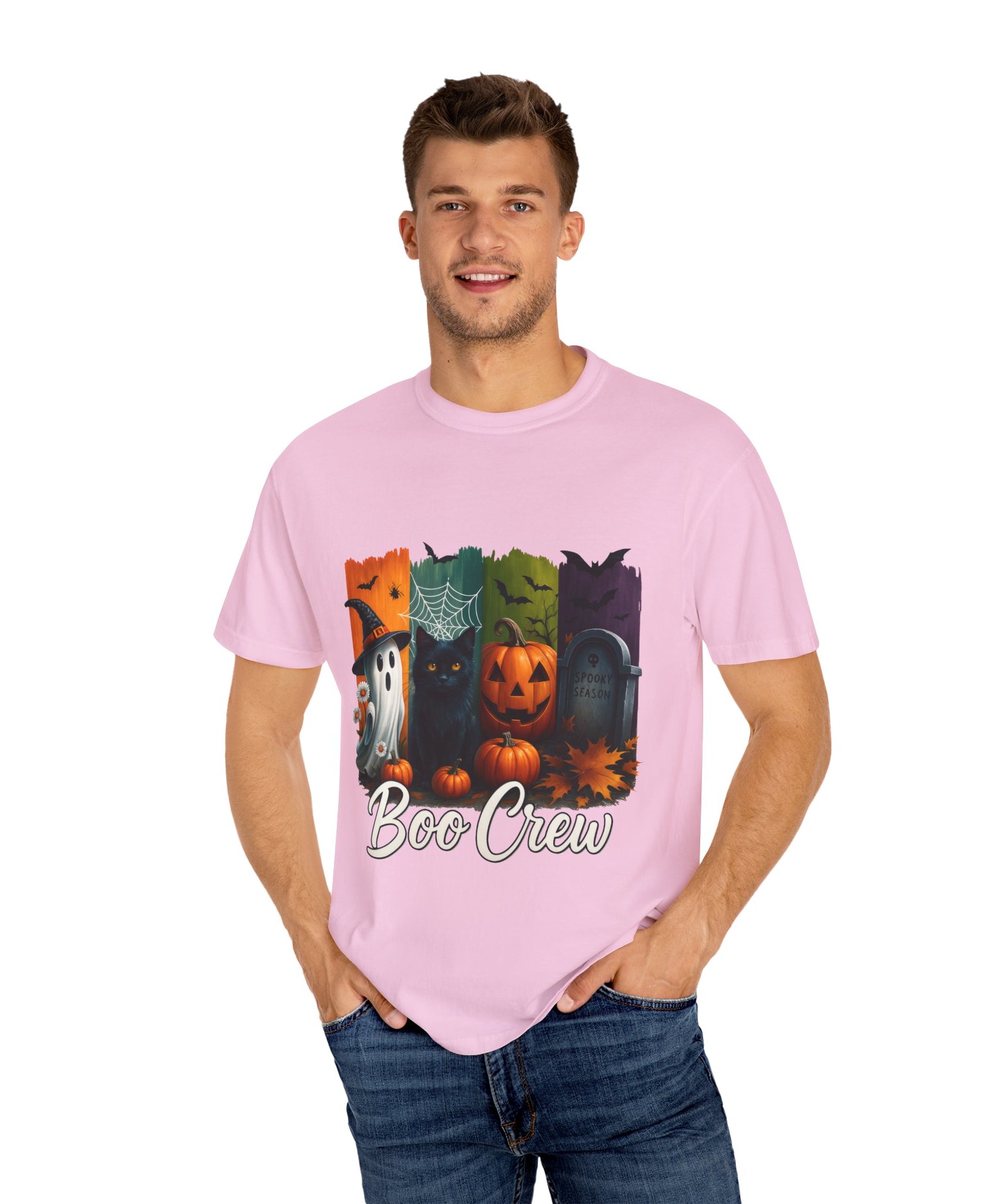 Boo Crew Halloween Unisex T-Shirt – Cute Ghost, Black Cat, Pumpkin & Tombstone Design - Gallory Hive