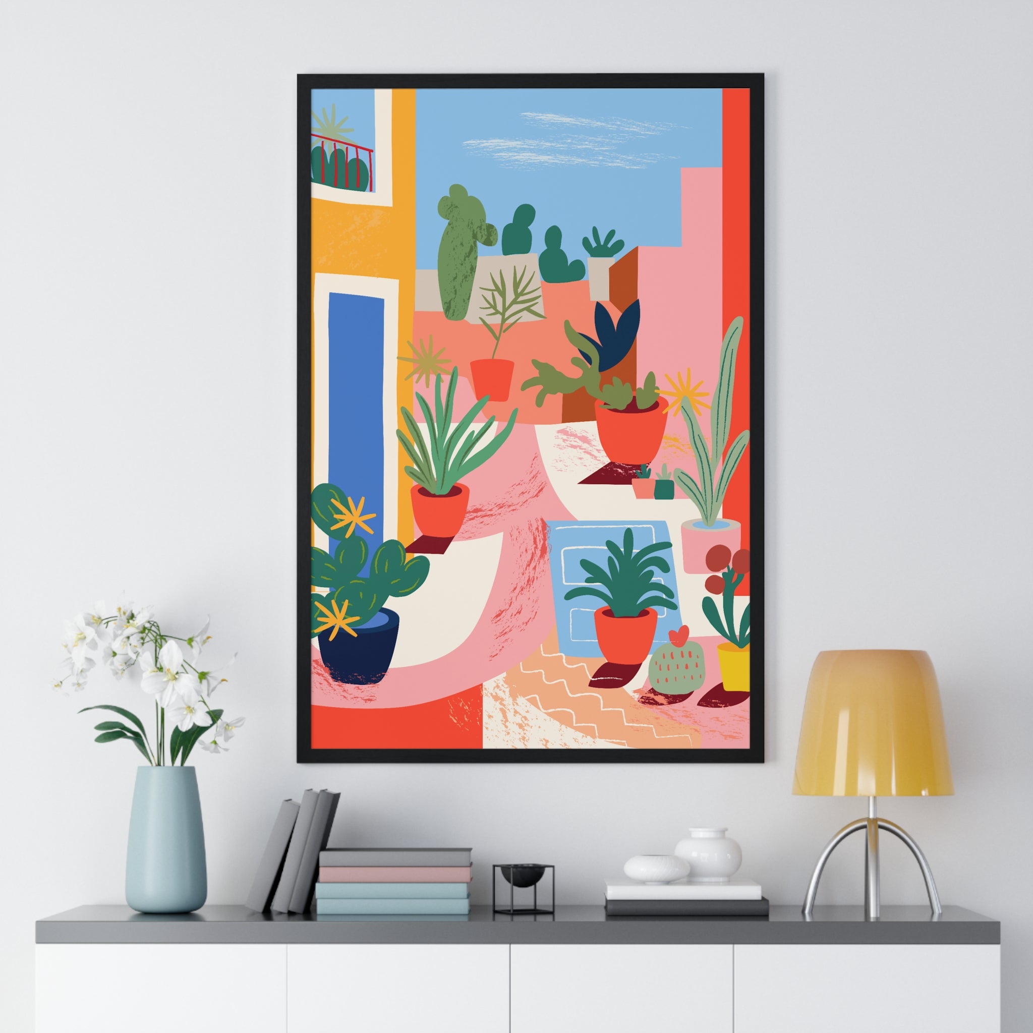 Colorful Urban Garden Scene Art in Premium Wooden Frame