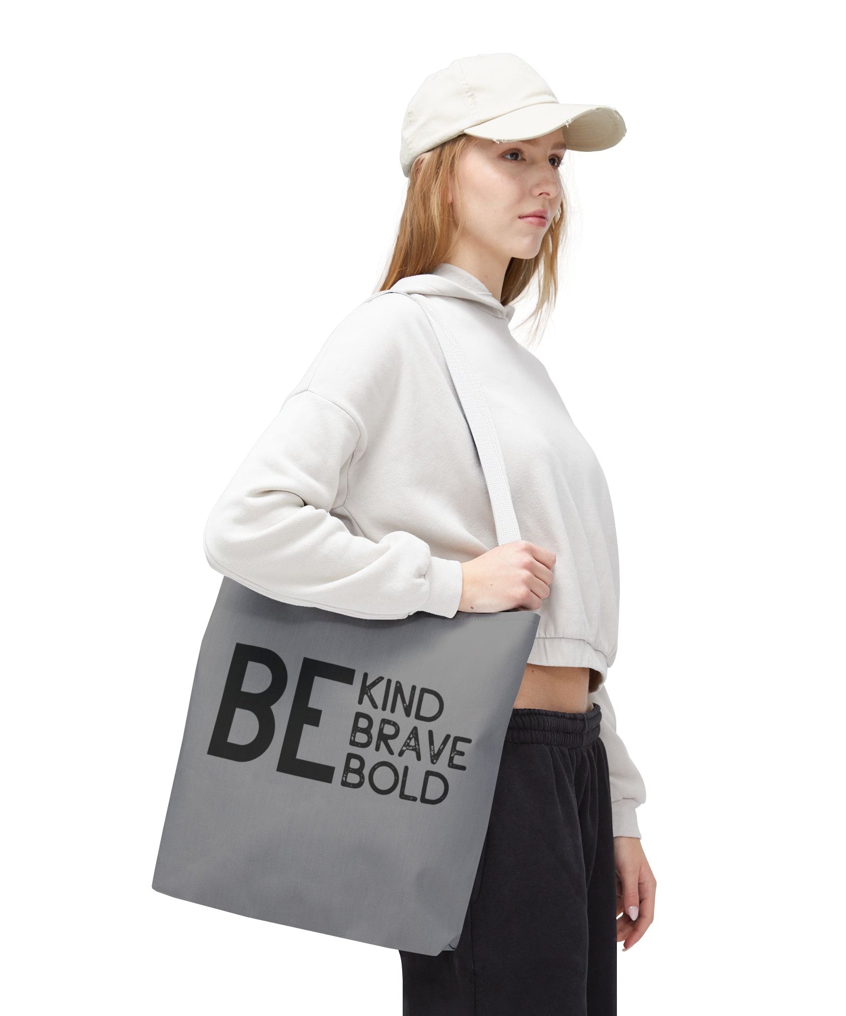 Inspirational Tote Bag - Be Kind Brave Bold - Eco-Friendly Carryall - Grey