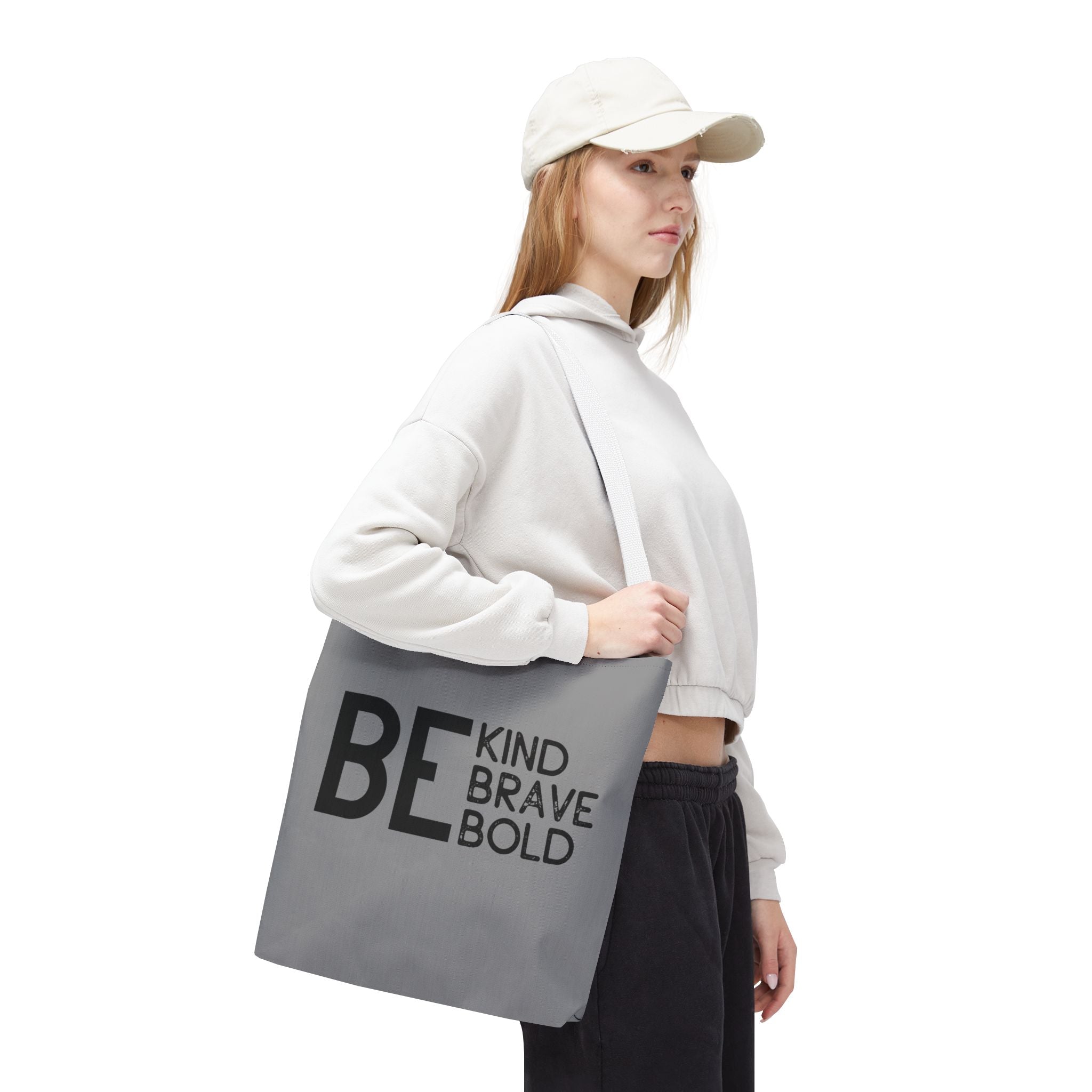 Inspirational Tote Bag - Be Kind Brave Bold - Eco-Friendly Carryall - Grey