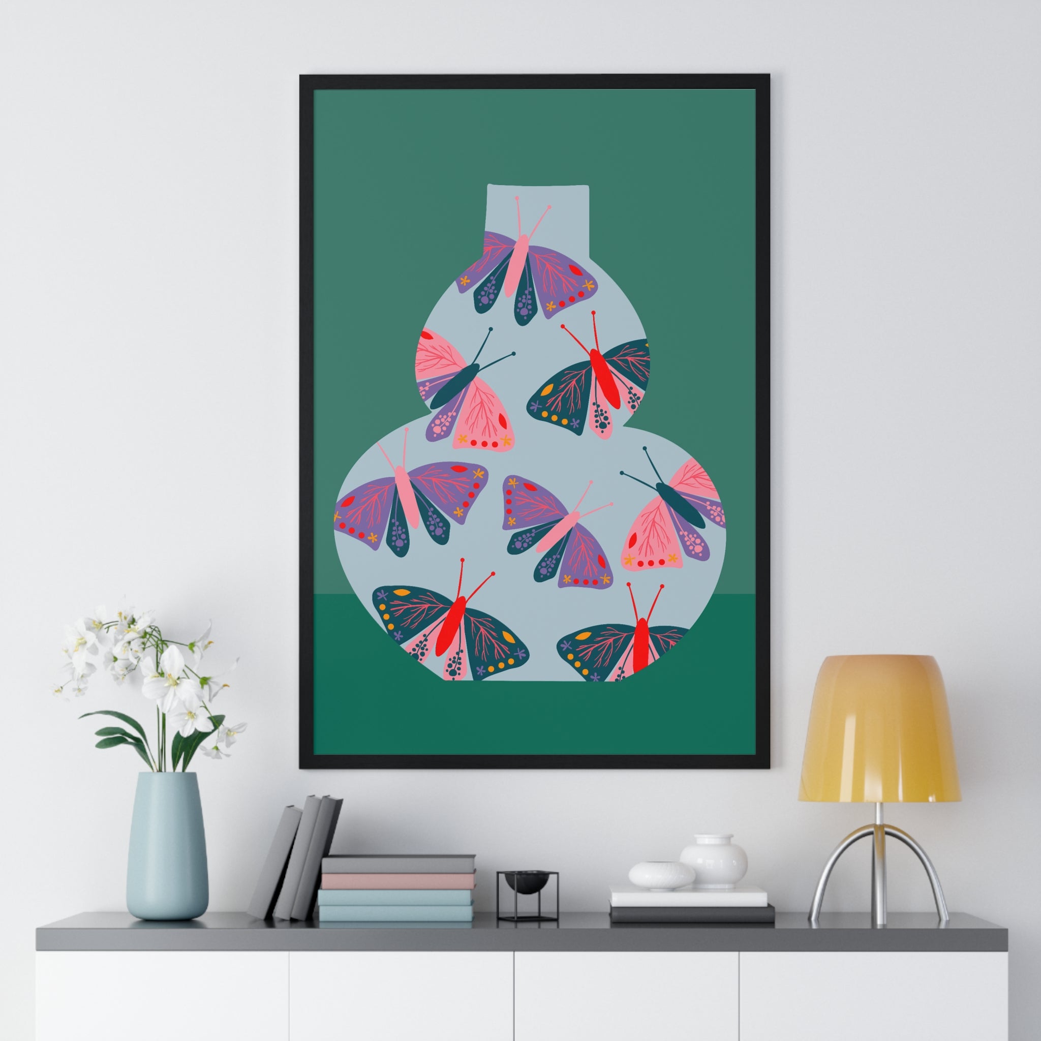 Vibrant Butterfly Pot Art on Pink Grid in Premium Wood Frame