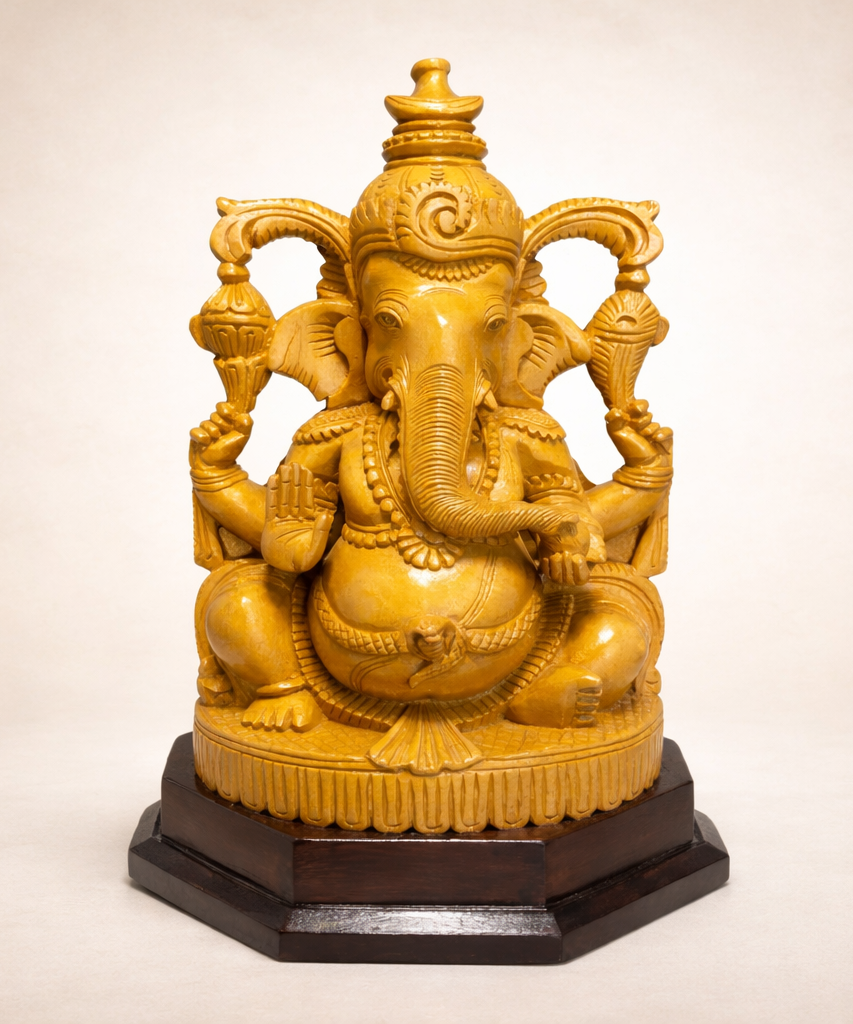 Handmade Sitting Lord Ganesha Wooden Sculpture | Gallory Hive