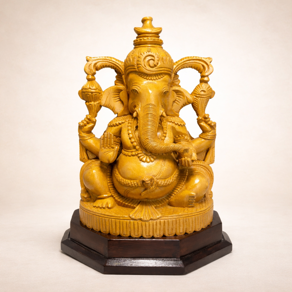 Handmade Sitting Lord Ganesha Wooden Sculpture | Gallory Hive