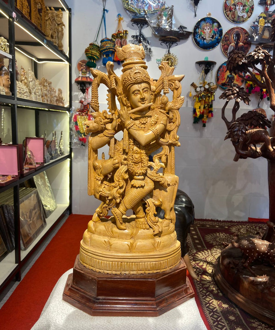 Handmade Standing Krishna with Cow Wooden Sculpture | Gallory Hive
