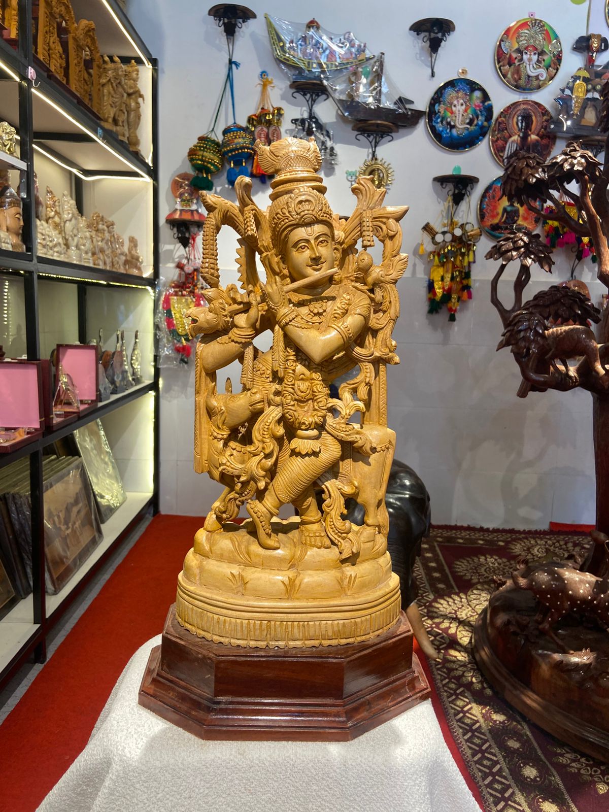 Handmade Standing Krishna with Cow Wooden Sculpture | Gallory Hive