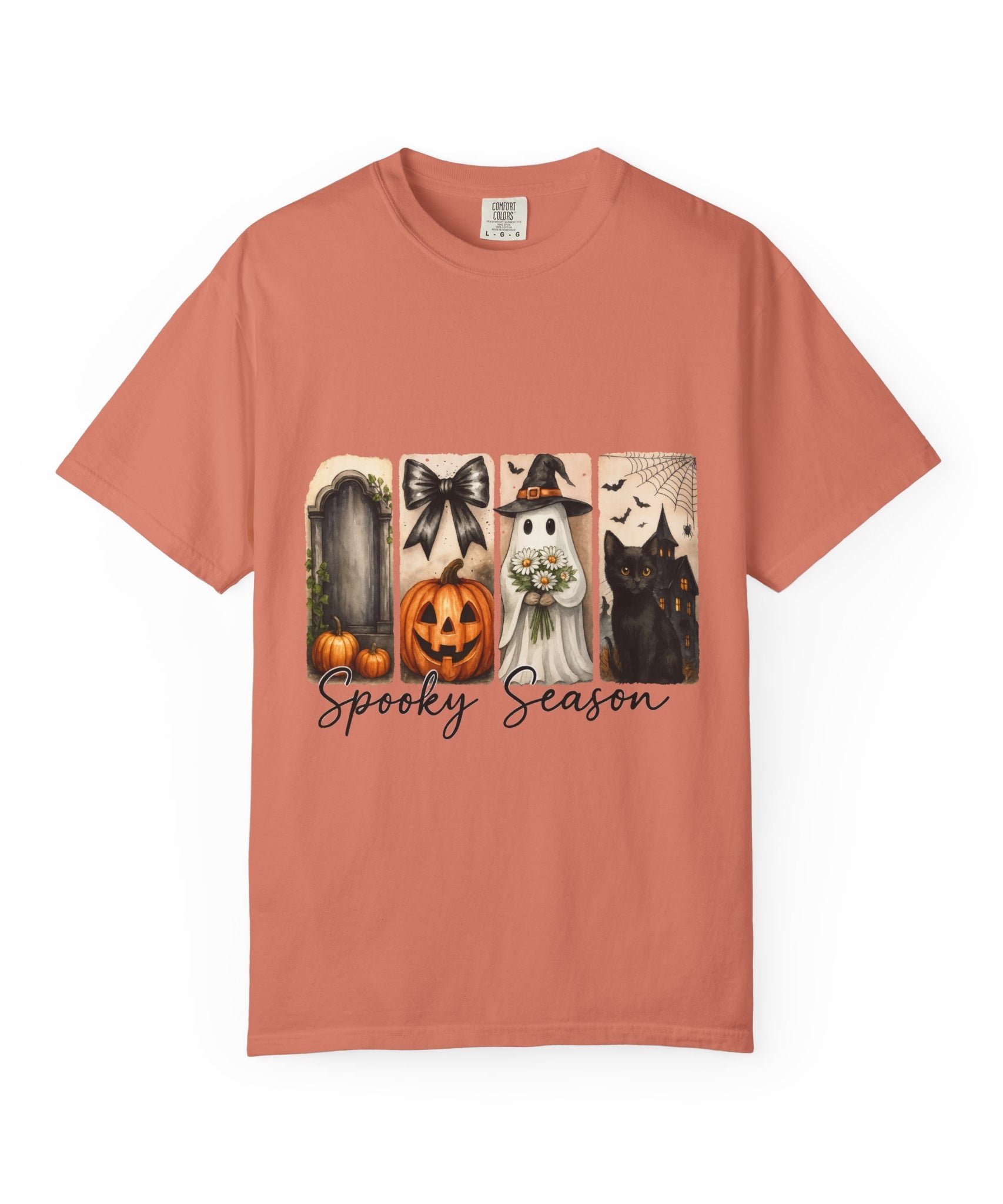Spooky Season Unisex Halloween T-Shirt – Ghost, Black Cat, Pumpkin & Haunted House Art - Gallory Hive