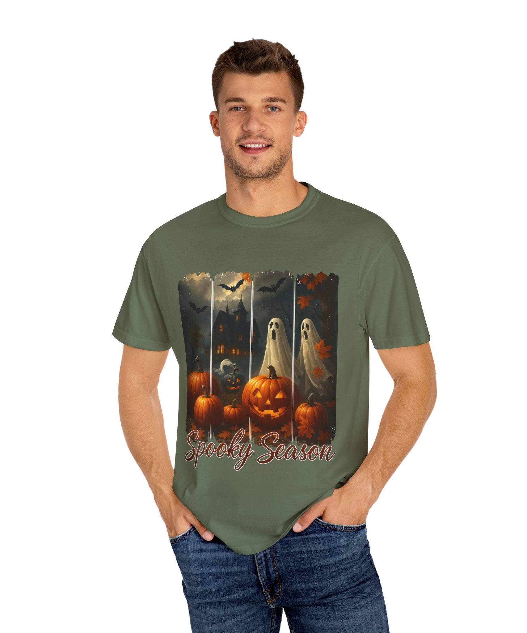 Spooky Season Unisex Halloween T-Shirt – Haunted House, Pumpkins & Ghosts Fall Design - Gallory Hive