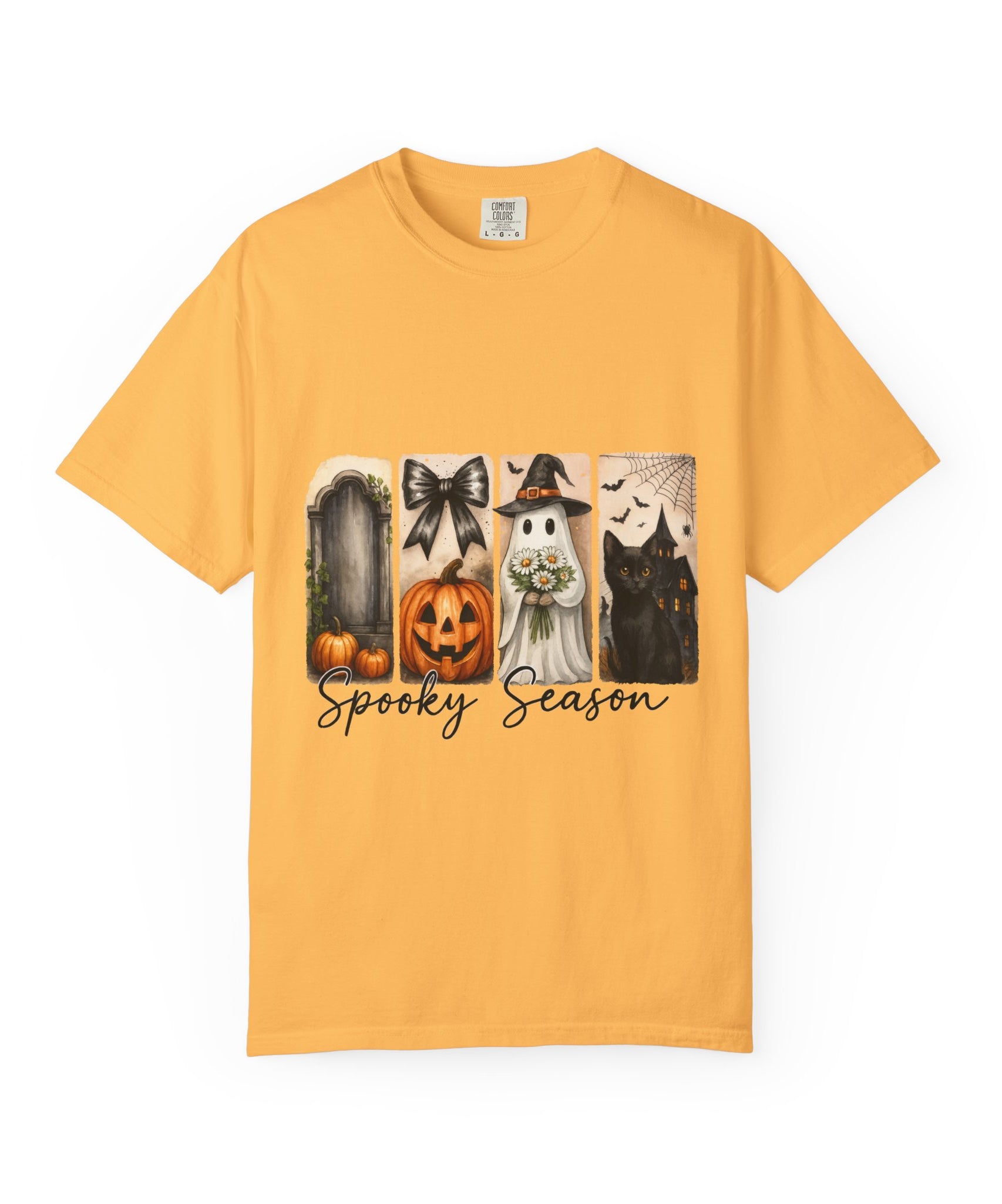 Spooky Season Unisex Halloween T-Shirt – Ghost, Black Cat, Pumpkin & Haunted House Art - Gallory Hive