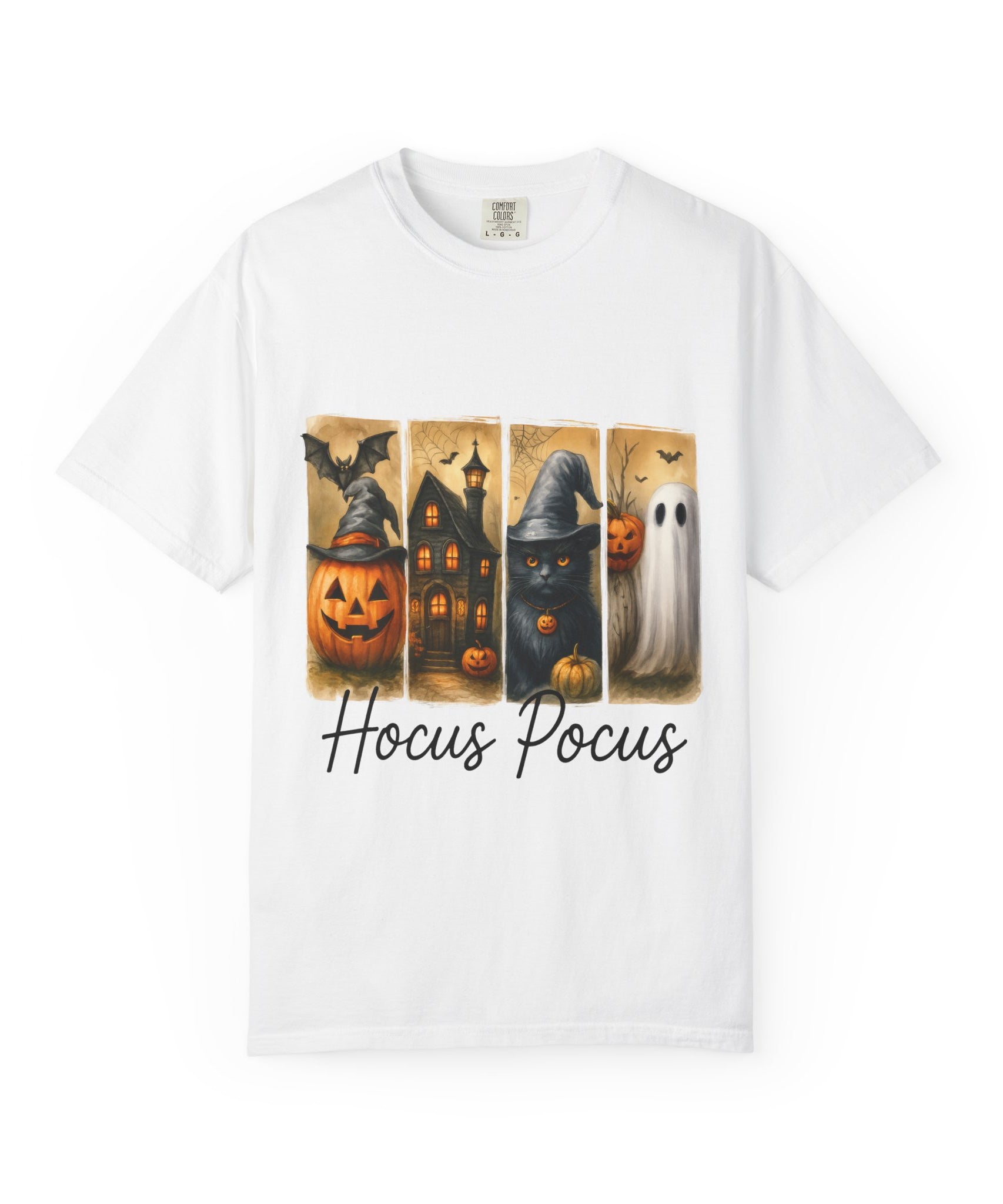 Hocus Pocus Halloween Unisex T-Shirt – Witchy Cat, Haunted House, Pumpkin & Ghost Art - Gallory Hive
