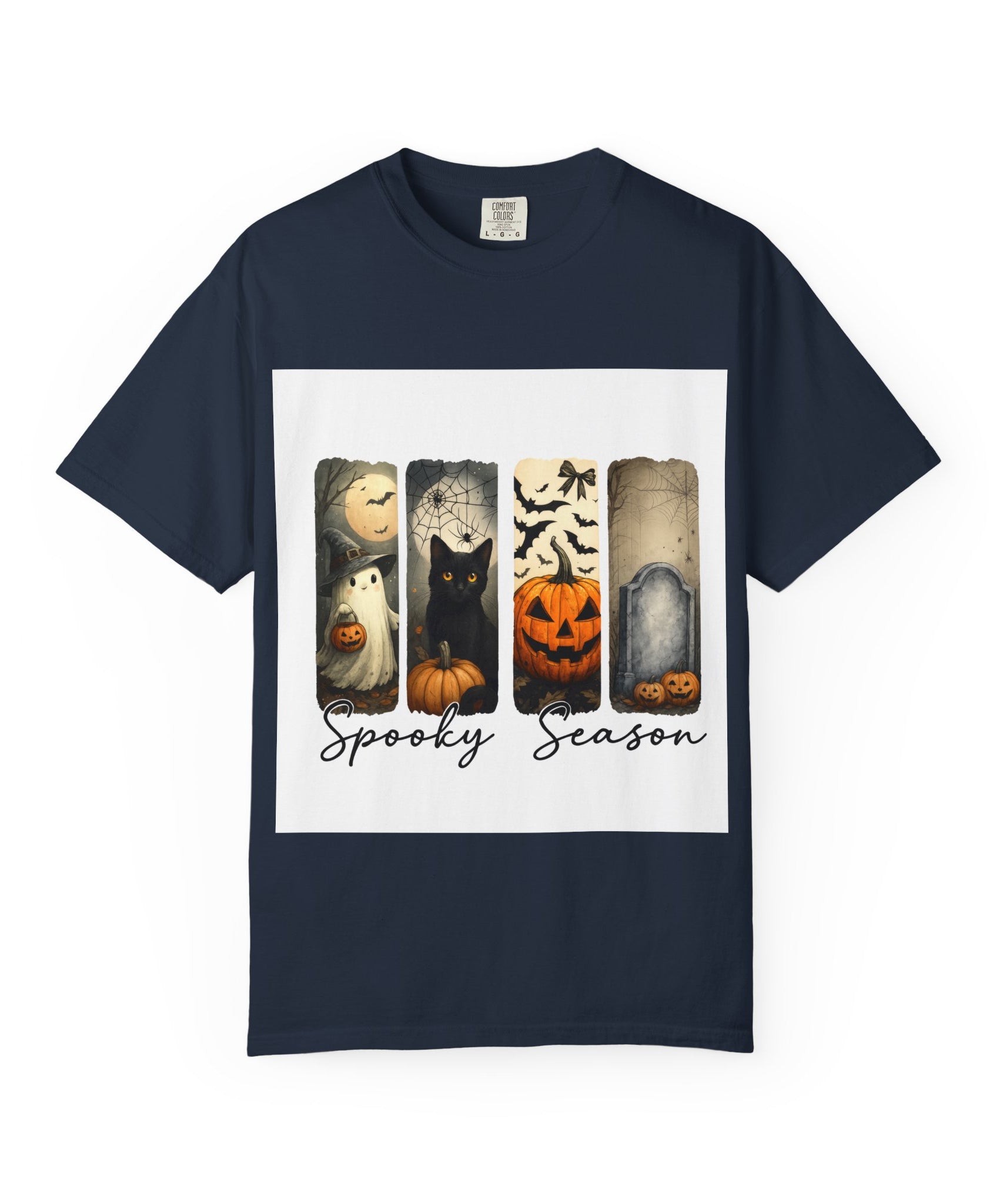 Halloween Night Unisex T-Shirt – Ghost, Black Cat, Pumpkin & Tombstone Vintage Art - Gallory Hive