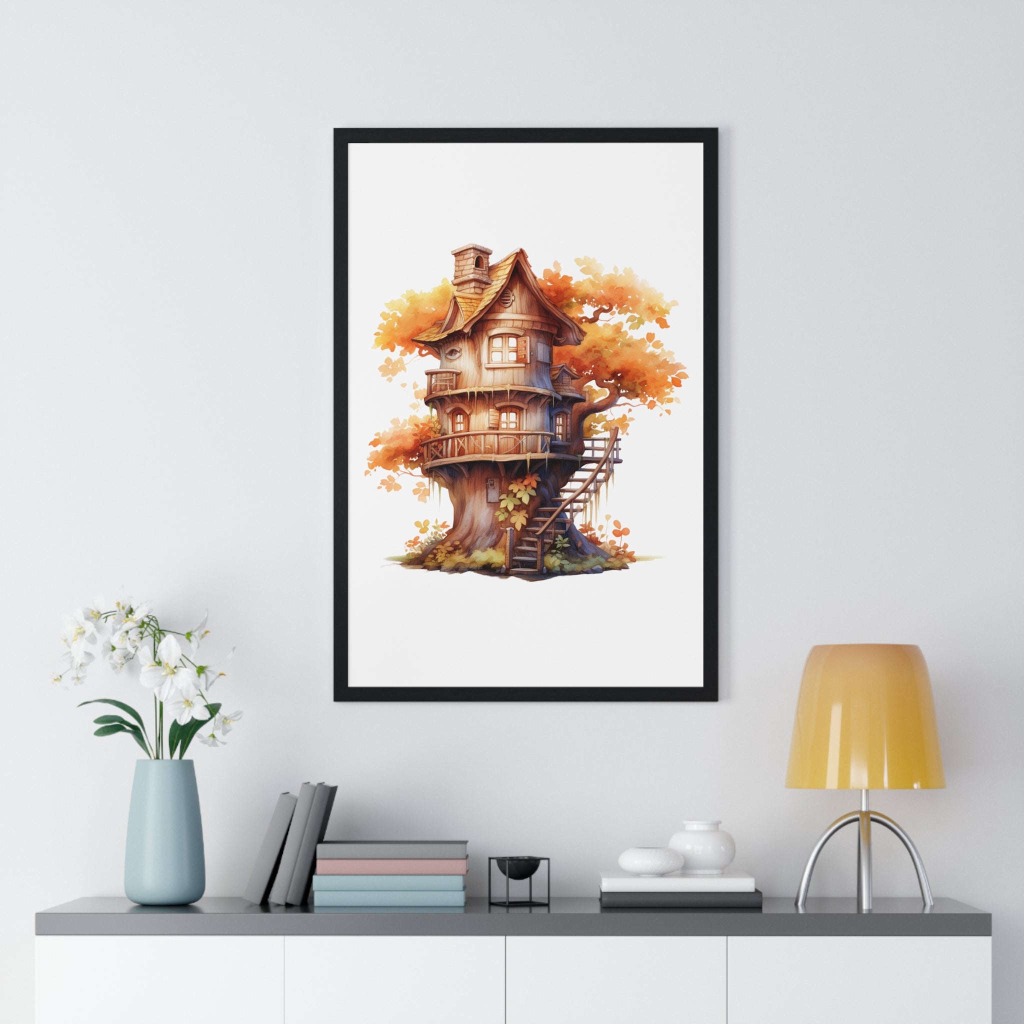 Enchanted Autumn Treehouse Wall Art – Multi-Level Forest Cottage with Balcony & Lanterns | Wooden Frame Seasonal Decor