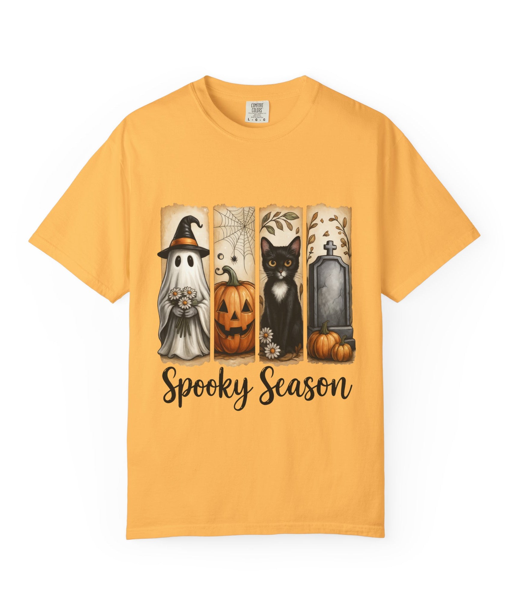 Spooky Season Halloween Unisex T-Shirt – Ghost, Cat & Pumpkin Design - Gallory Hive