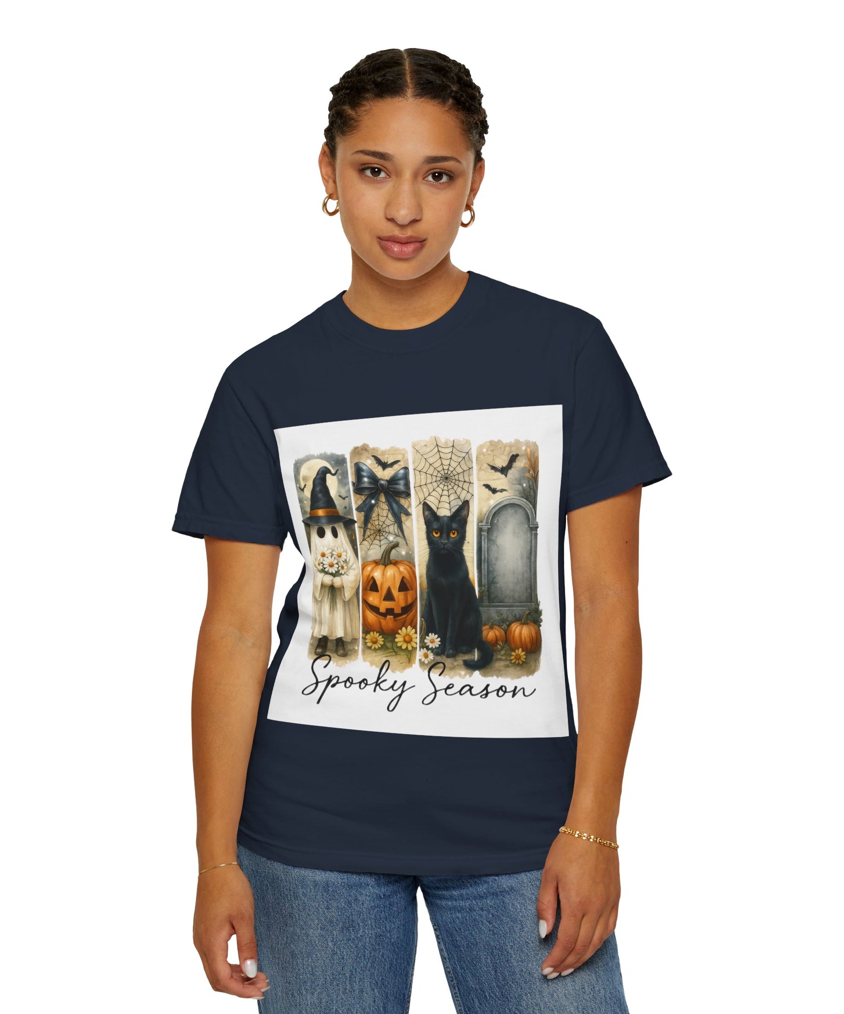 Spooky Season Halloween Unisex T-Shirt – Ghost, Black Cat & Pumpkin Design - Gallory Hive