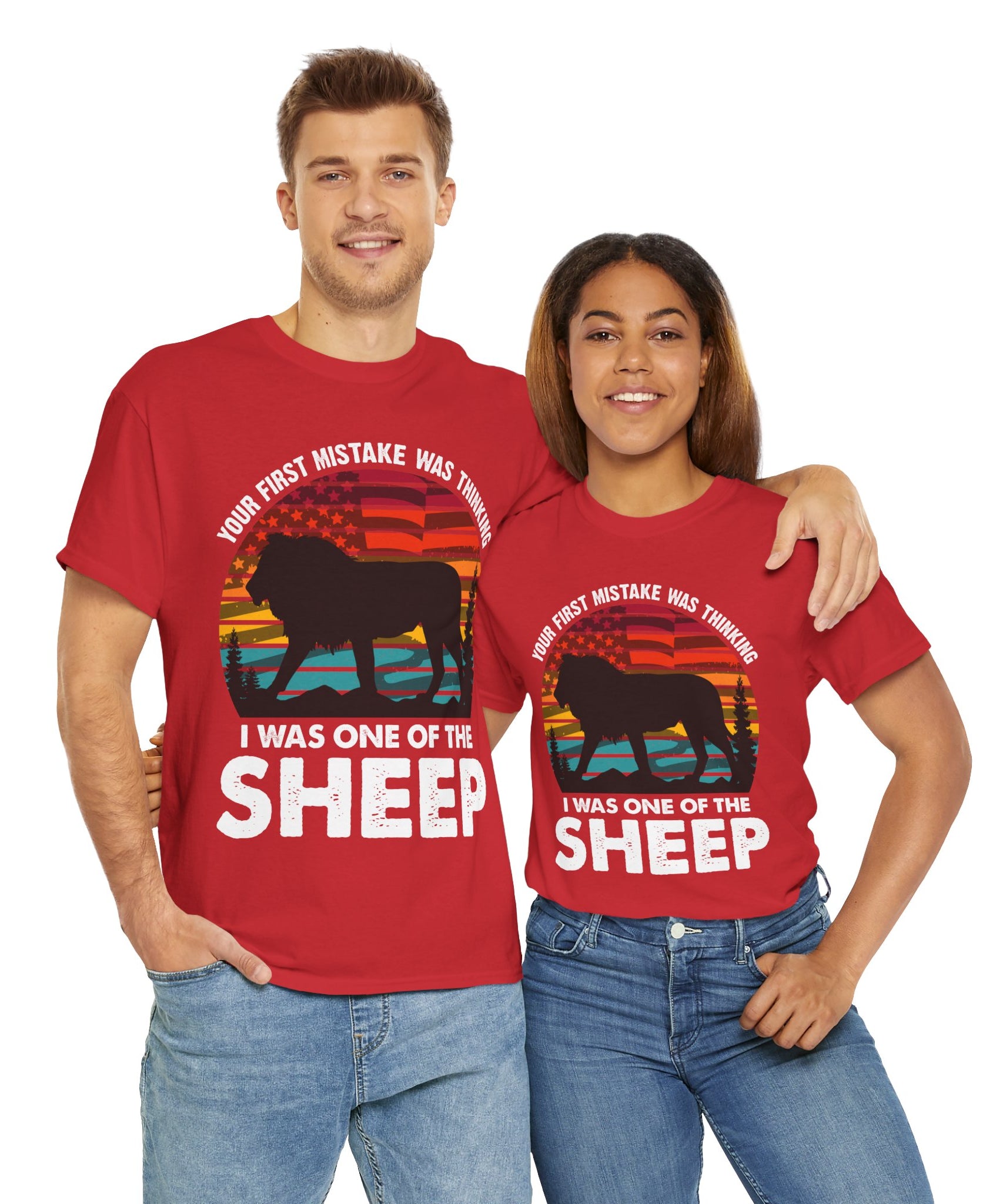 Bold Lion Tee with USA Flag Sunset