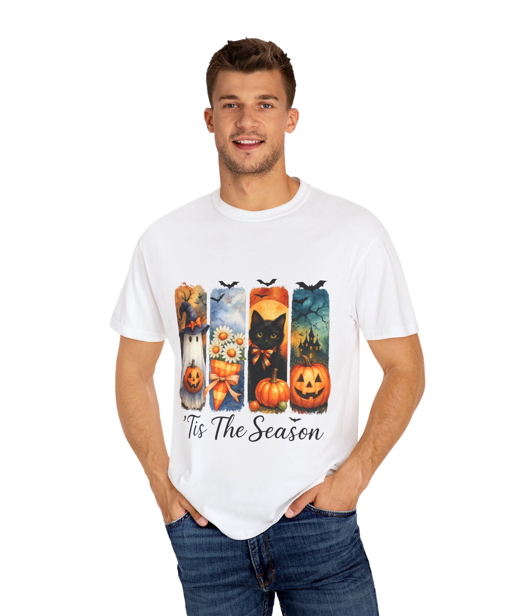 Whimsical Halloween T-Shirt – Ghost, Black Cat, Pumpkins & Haunted House Design - Gallory Hive