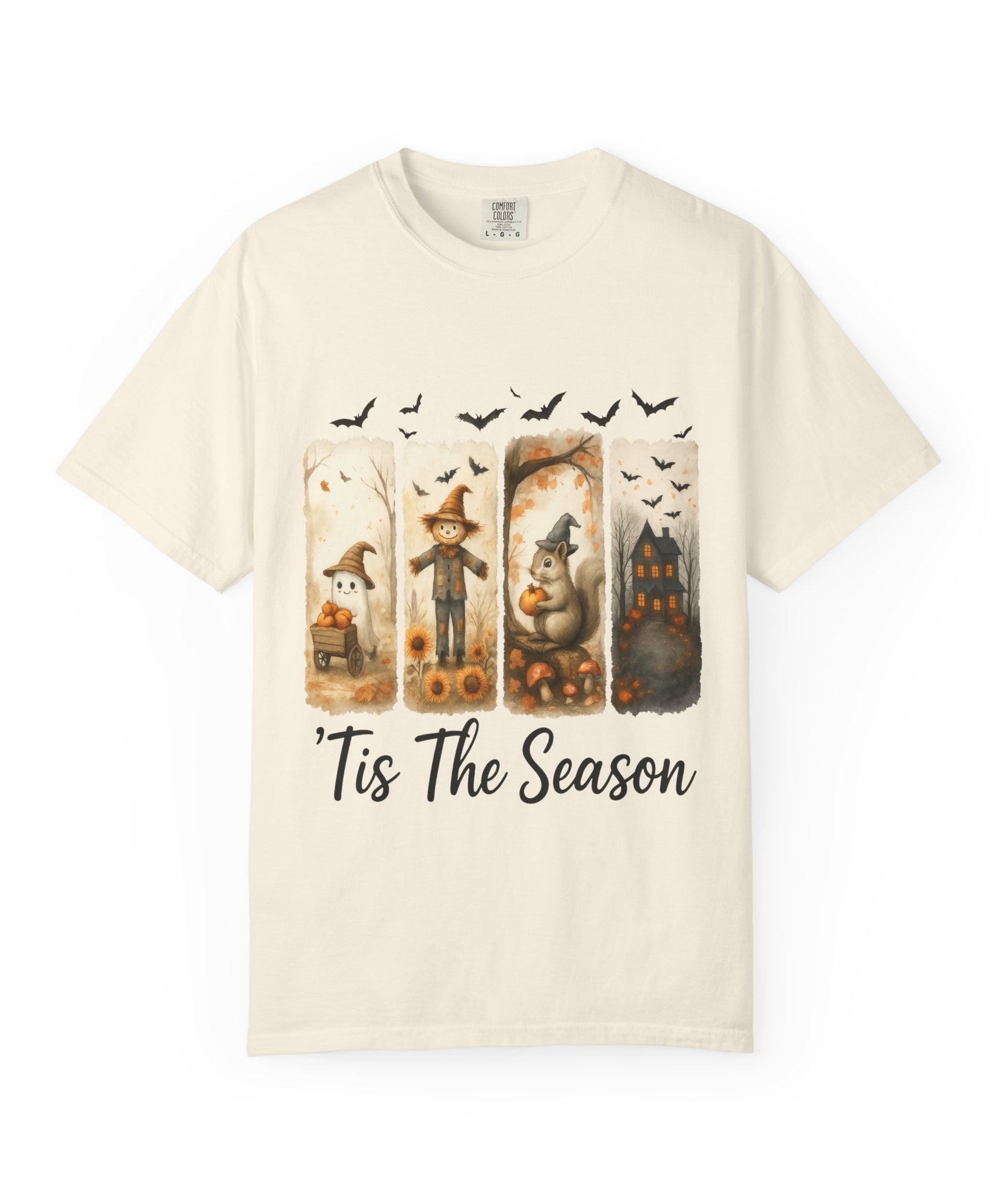 Tis The Season Fall Halloween T-Shirt – Cute Ghost, Scarecrow, Squirrel & Haunted House Design - Gallory Hive