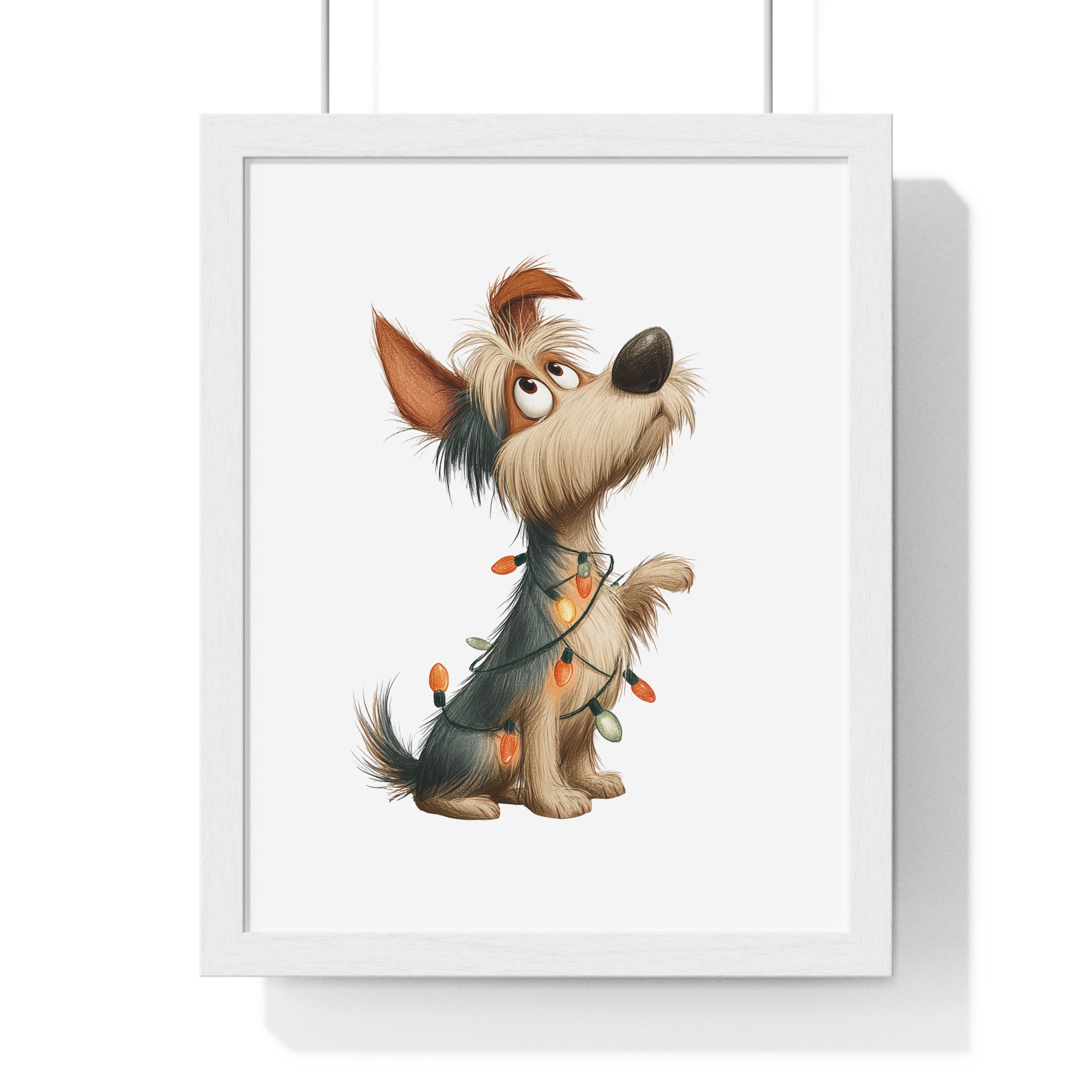 Playful Pup in Christmas Lights – Wooden Framed Holiday Wall Art - Gallory Hive