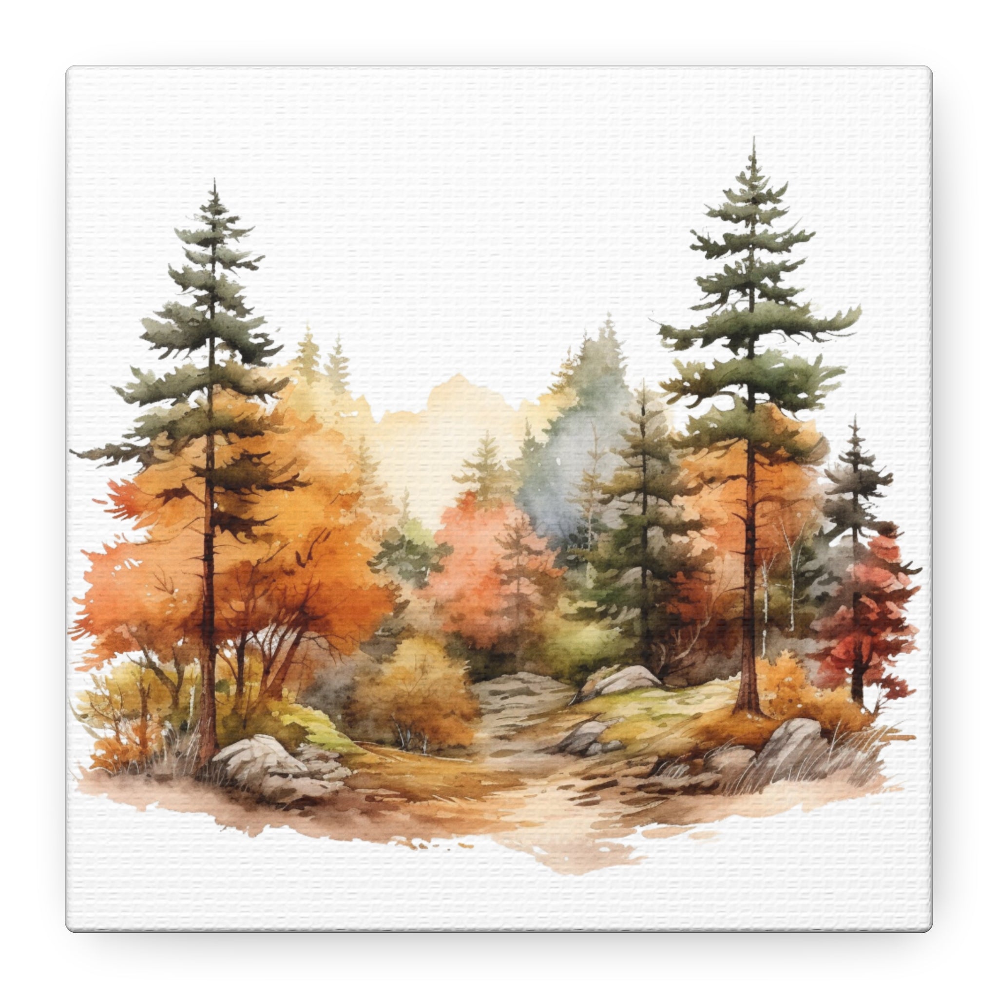 Echoes of Autumn – Watercolor Forest Scene on Floral Canvas Wall Art