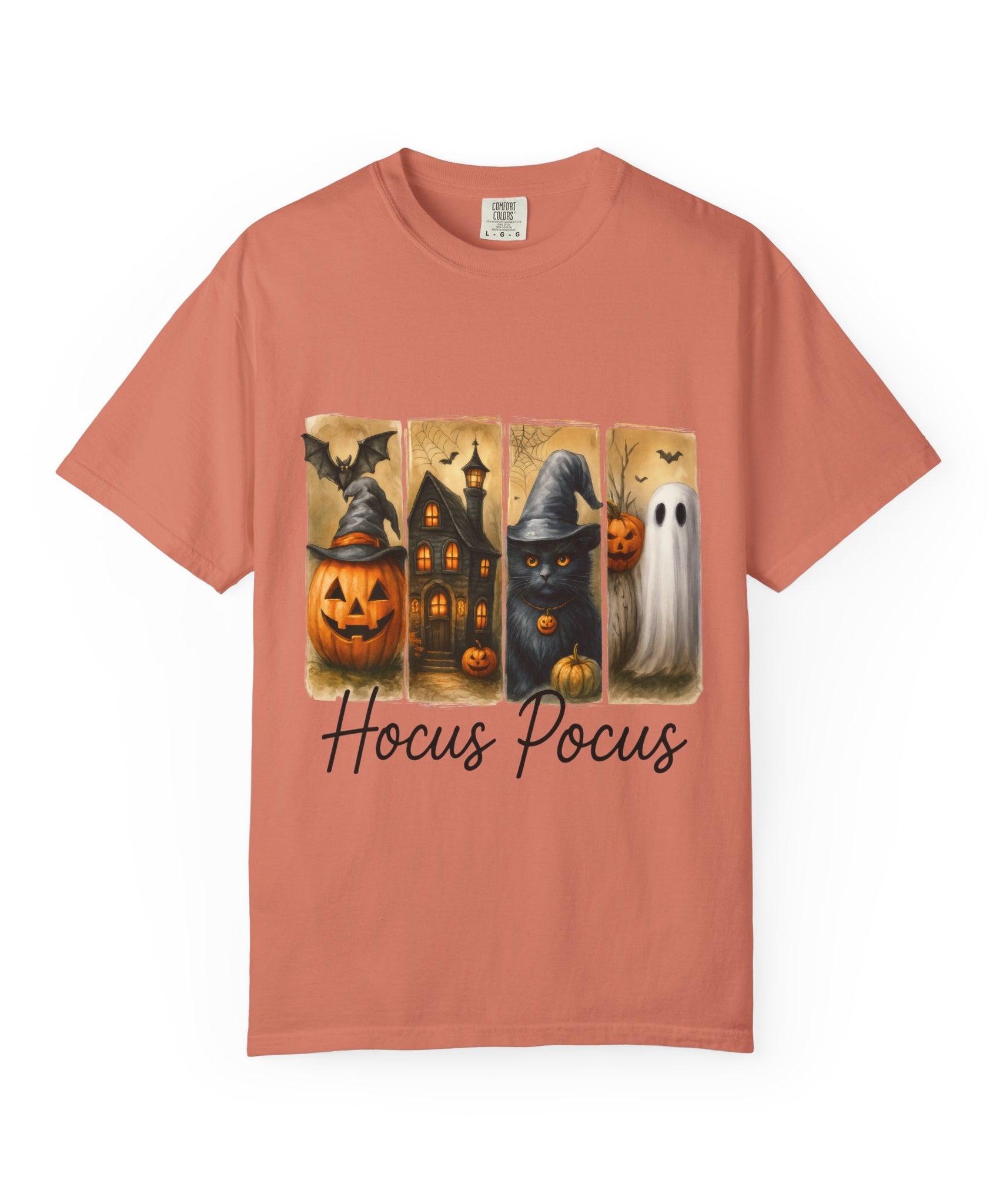 Hocus Pocus Halloween Unisex T-Shirt – Witchy Cat, Haunted House, Pumpkin & Ghost Art - Gallory Hive