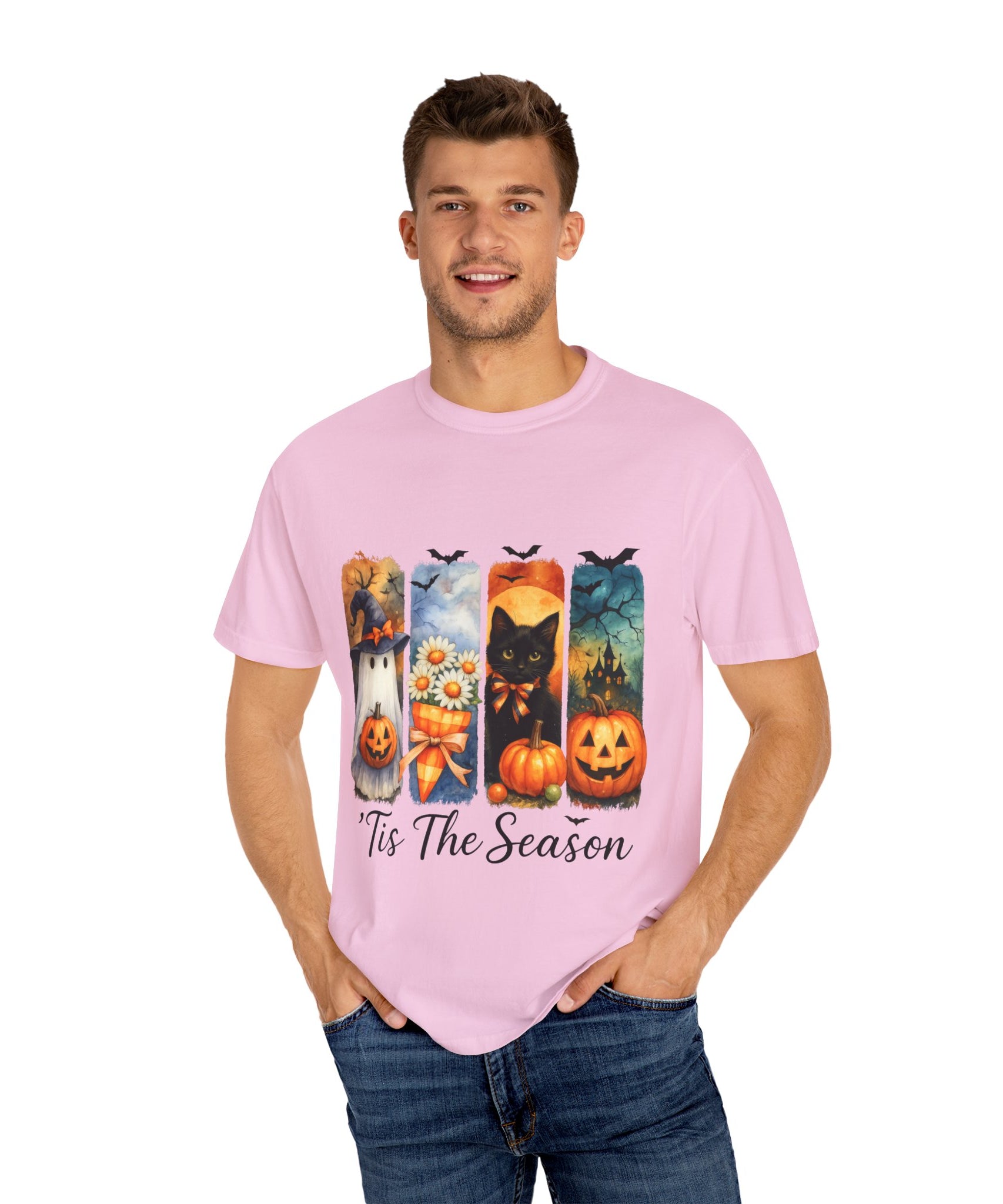 Whimsical Halloween T-Shirt – Ghost, Black Cat, Pumpkins & Haunted House Design - Gallory Hive