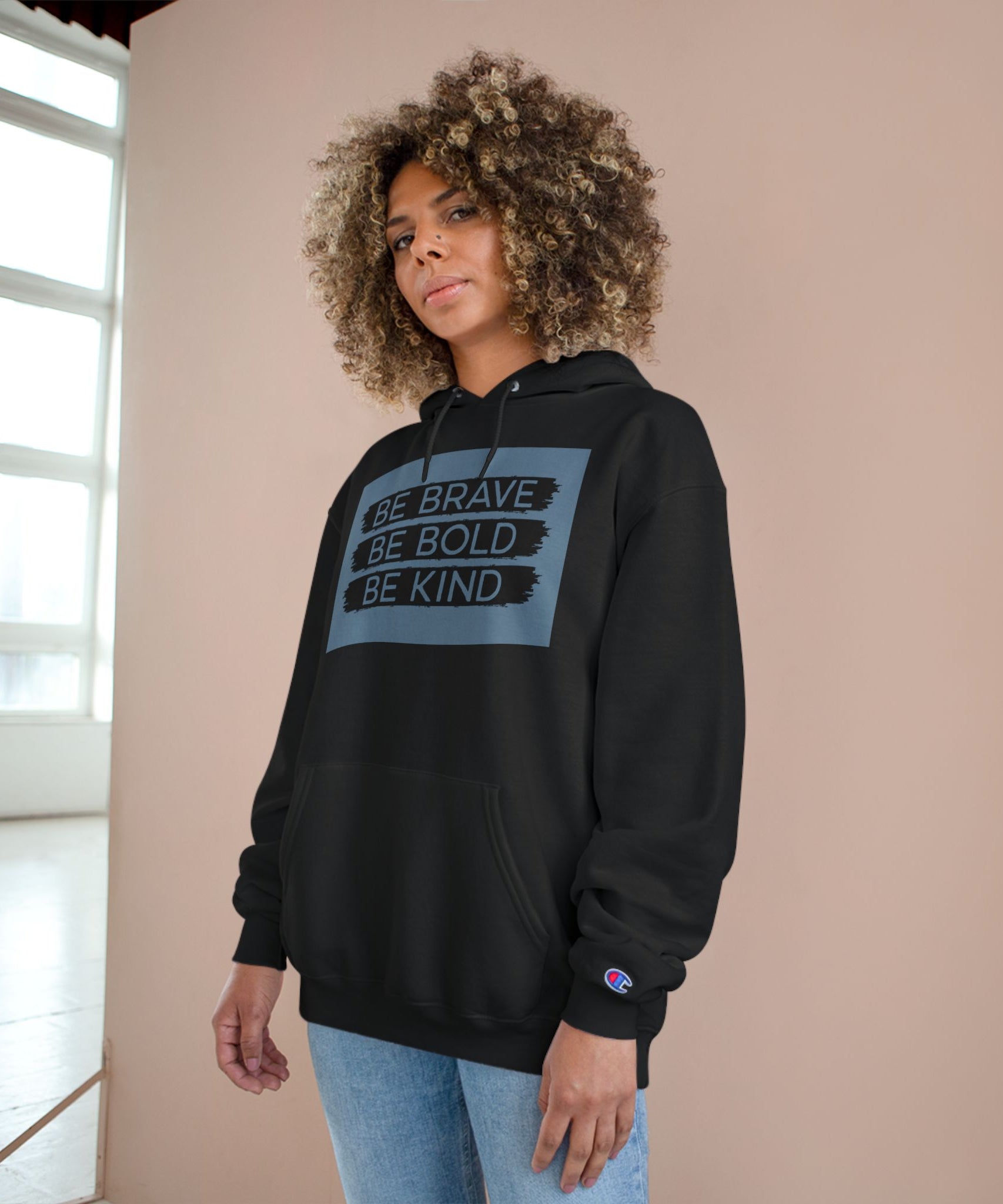 Champion Hoodie - Bold, Brave, Kind Minimalist Hand Sign Print