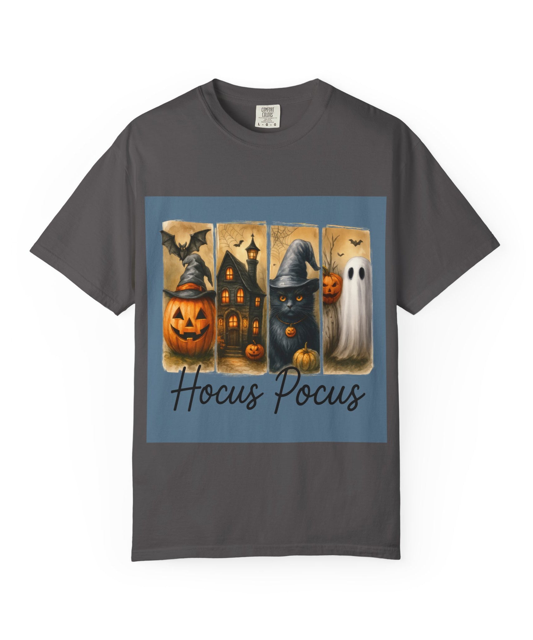 Hocus Pocus Halloween Unisex T-Shirt – Witchy Cat, Haunted House, Pumpkin & Ghost Art - Gallory Hive