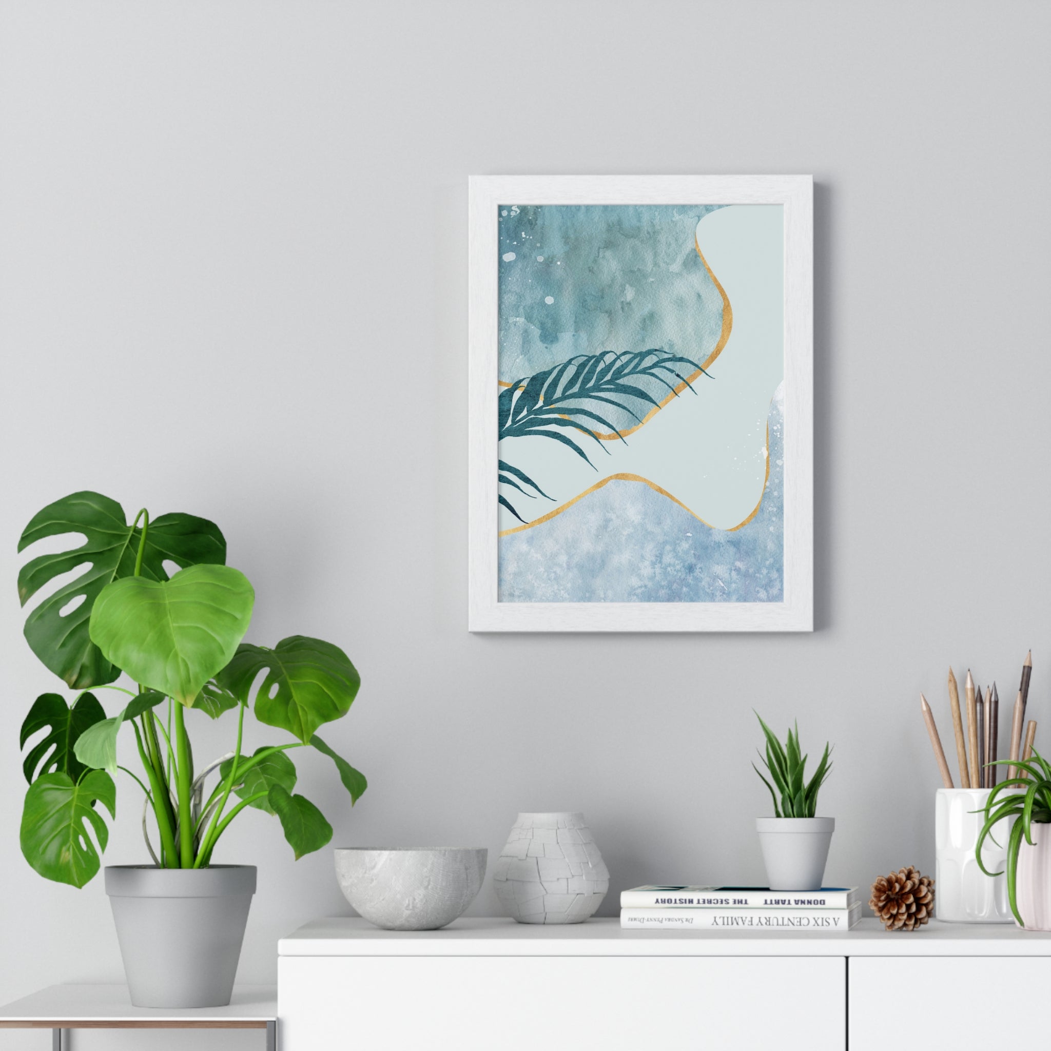 Abstract Leaf Prints on Wooden Frame – Modern Wall Art