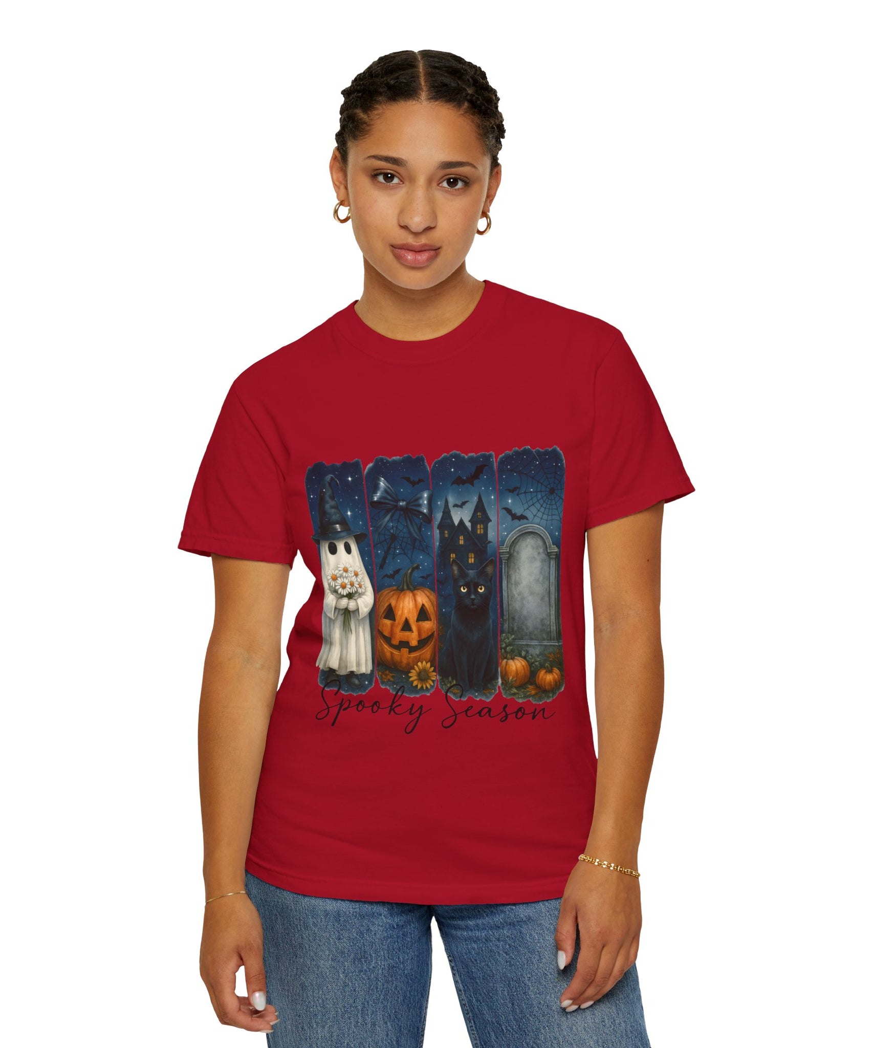 Spooky Season Halloween T-Shirt – Ghost, Black Cat, Pumpkin & Haunted House Design - Gallory Hive