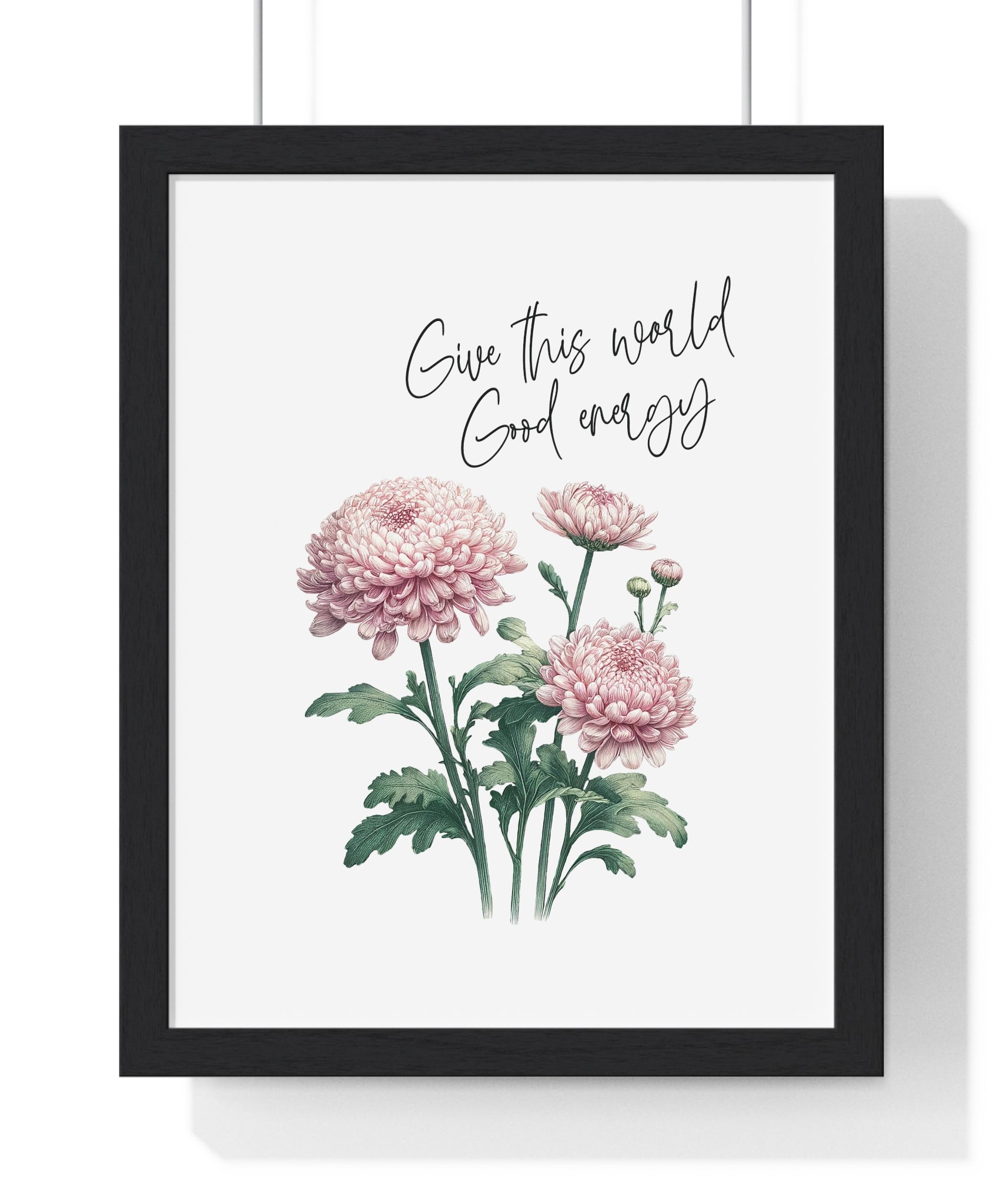 November Birth Month Flower Wall Art – Chrysanthemum Illustration with Inspirational Quote in Wooden Frame | Good Energy & Joy