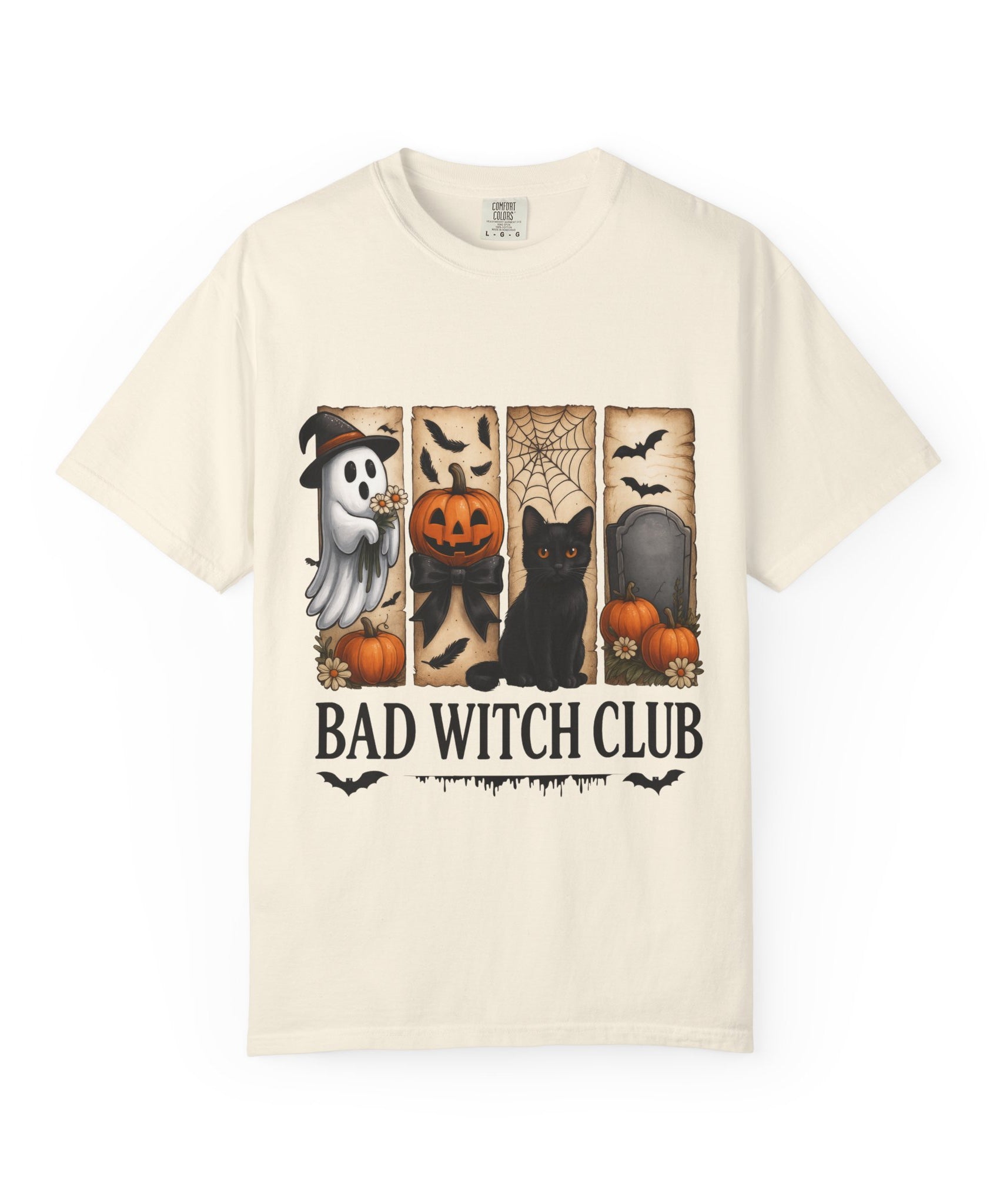 Bad Witch Club Halloween T-Shirt – Cute Ghost, Black Cat, Pumpkin & Spooky Gothic Design
