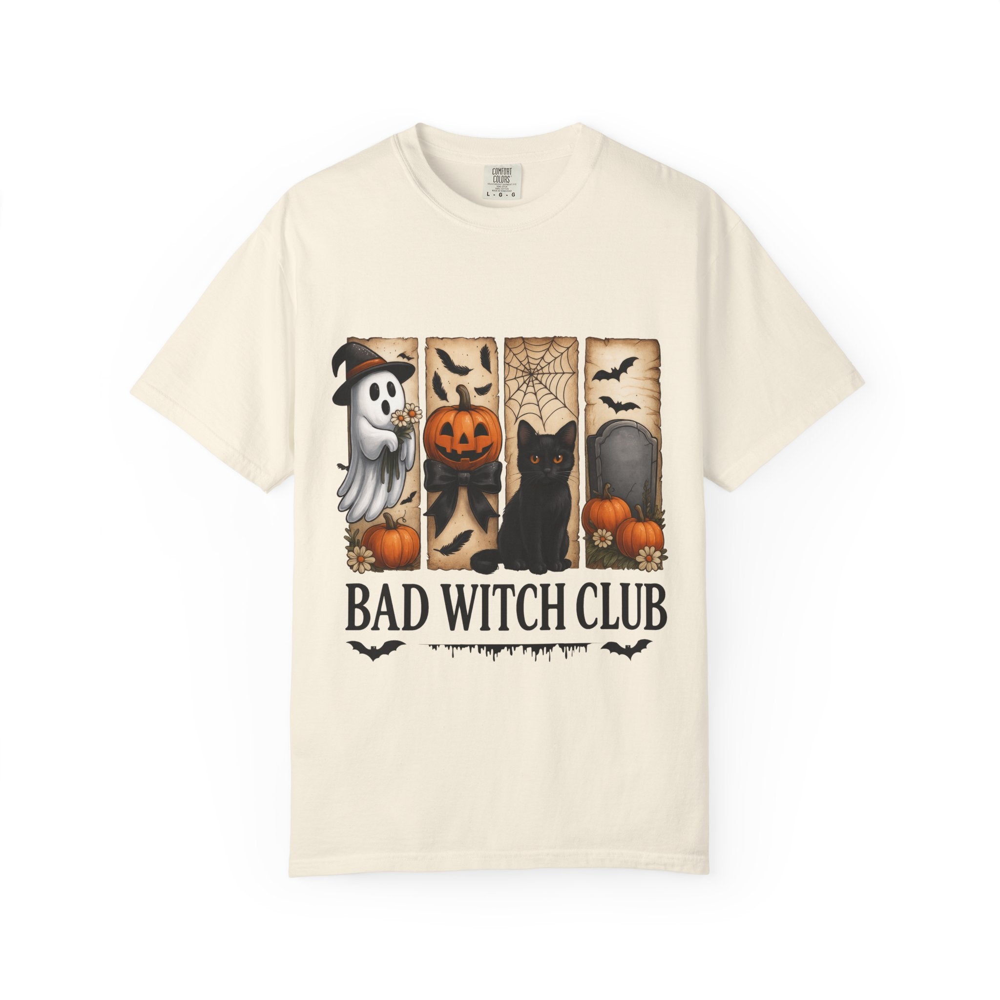 Bad Witch Club Halloween T-Shirt – Cute Ghost, Black Cat, Pumpkin & Spooky Gothic Design
