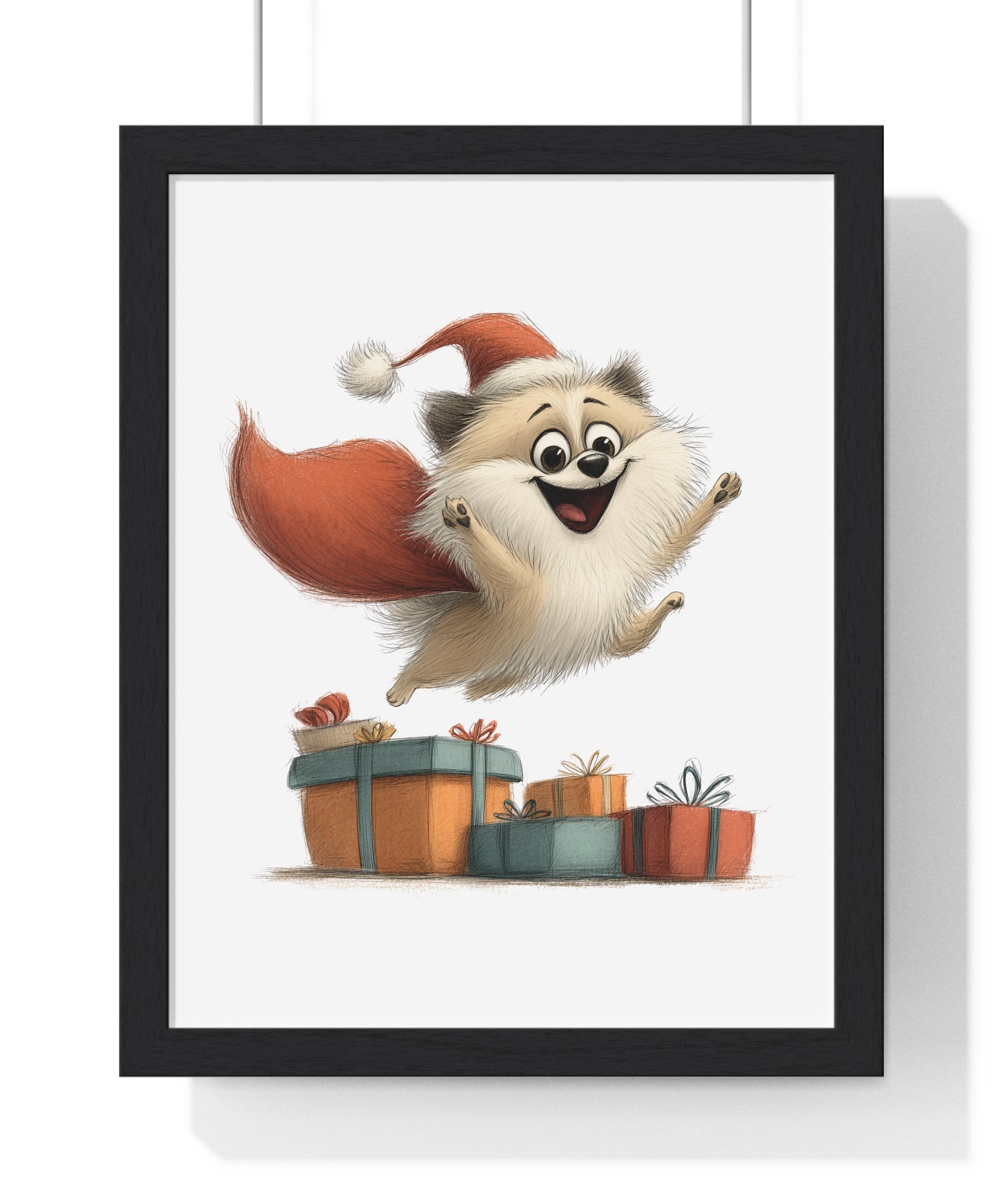 Festive Dog with Santa Hat – Wooden Framed Christmas Wall Décor