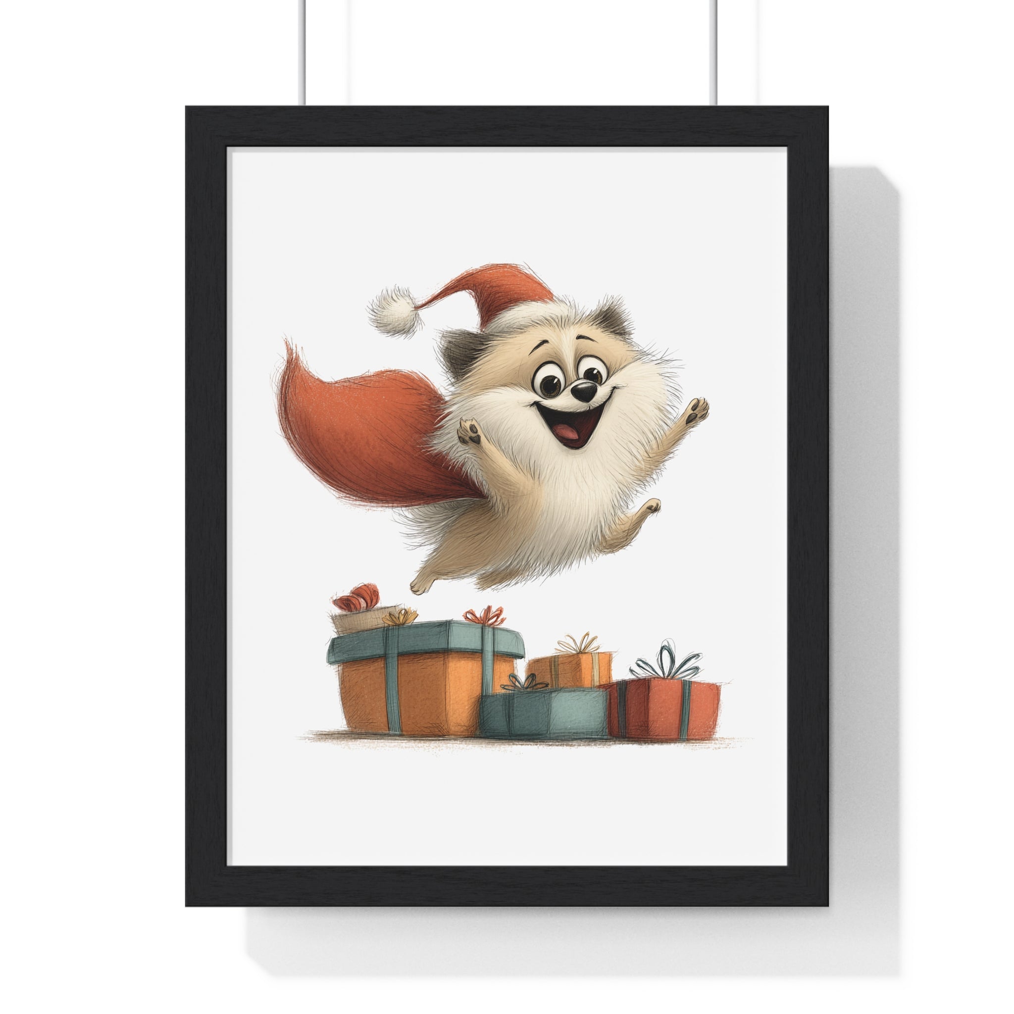 Festive Dog with Santa Hat – Wooden Framed Christmas Wall Décor