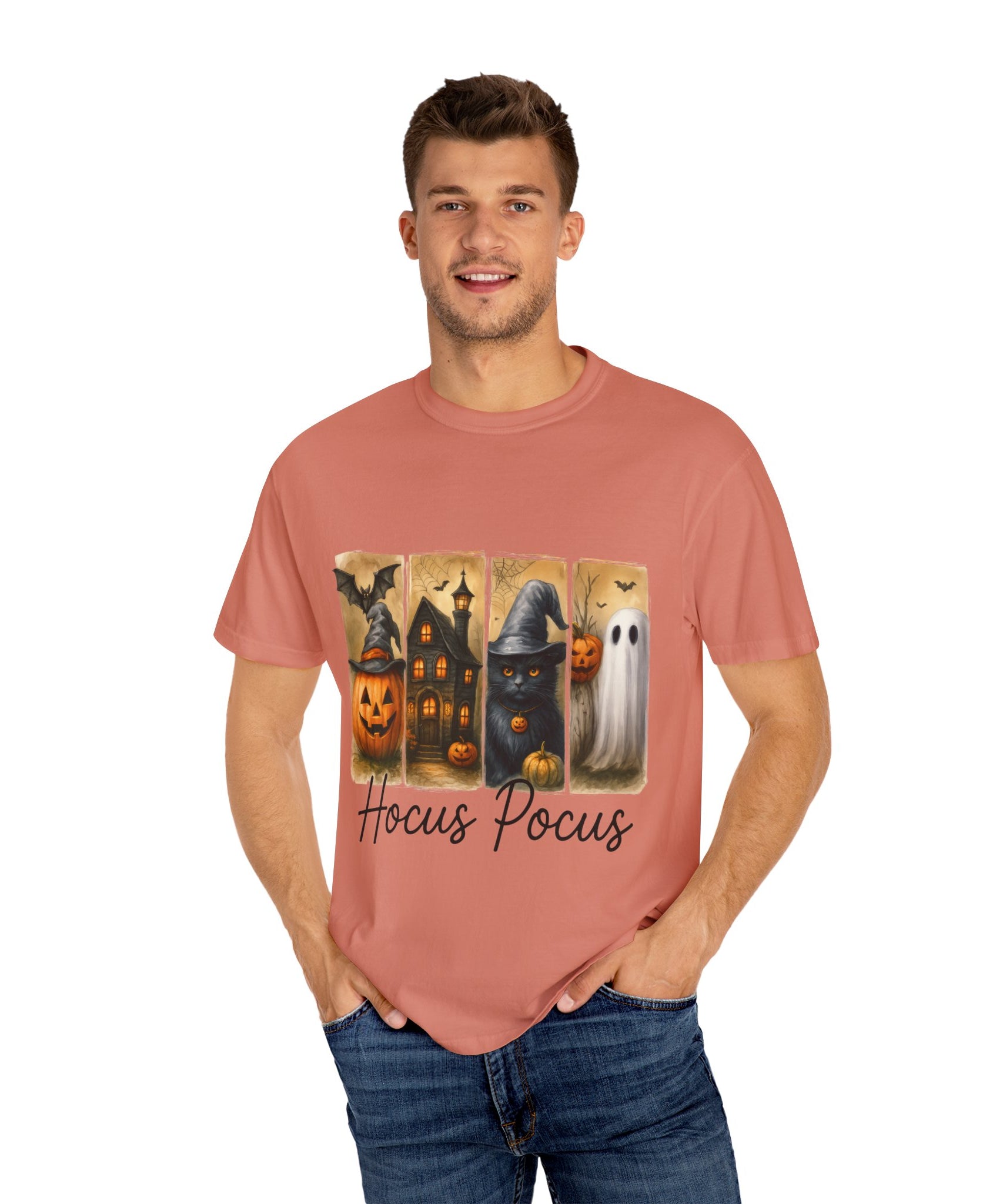 Hocus Pocus Halloween Unisex T-Shirt – Witchy Cat, Haunted House, Pumpkin & Ghost Art - Gallory Hive