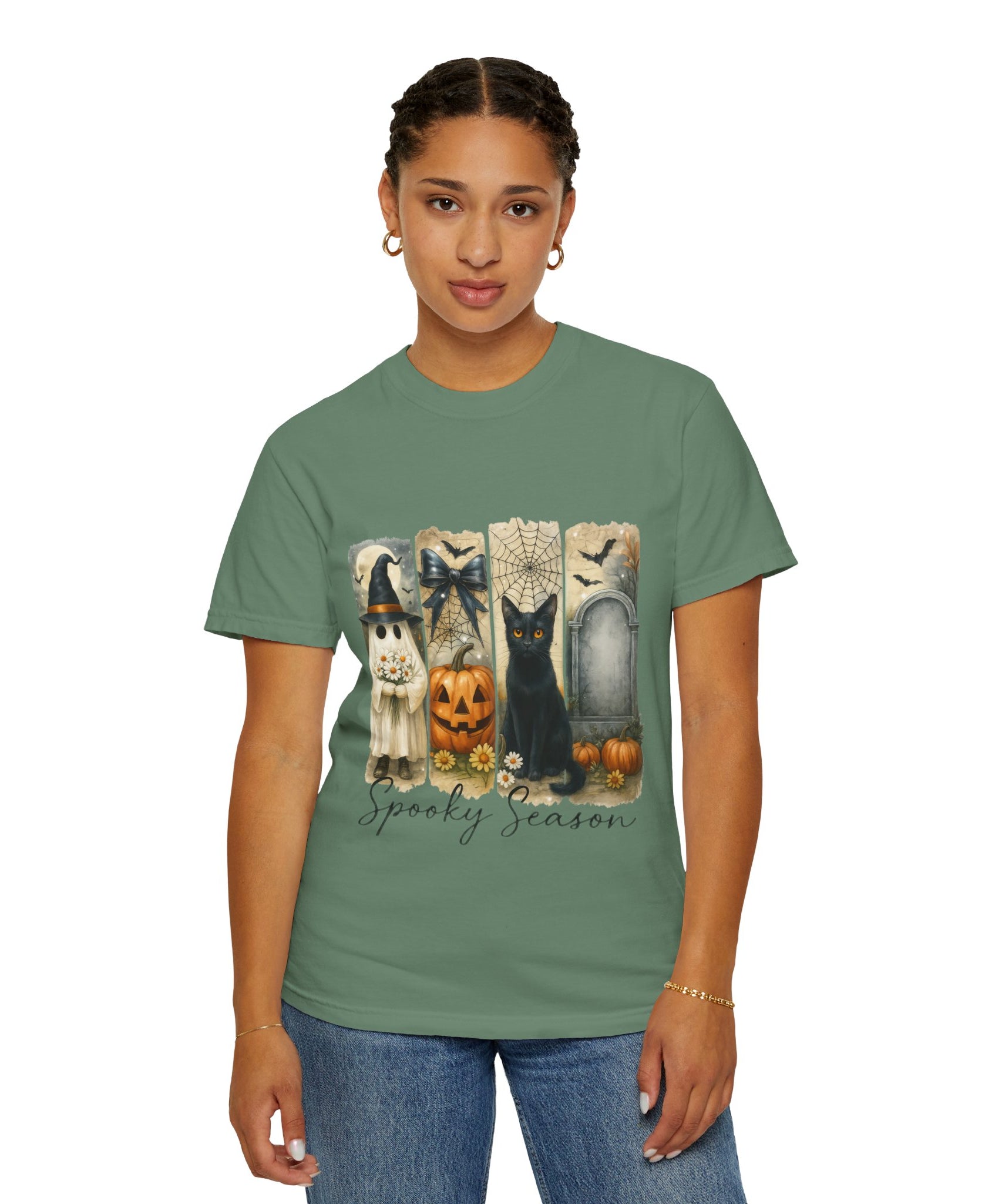 Spooky Season Halloween Unisex T-Shirt – Ghost, Black Cat & Pumpkin Design - Gallory Hive