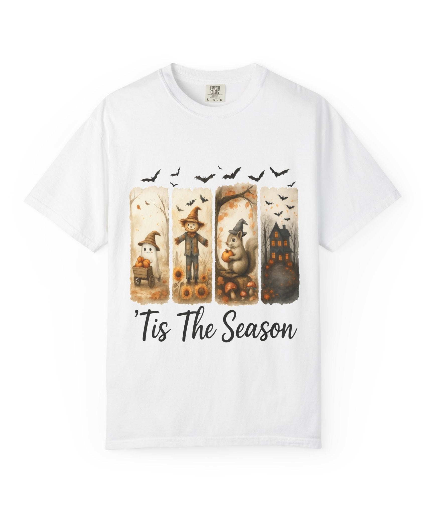Tis The Season Fall Halloween T-Shirt – Cute Ghost, Scarecrow, Squirrel & Haunted House Design - Gallory Hive