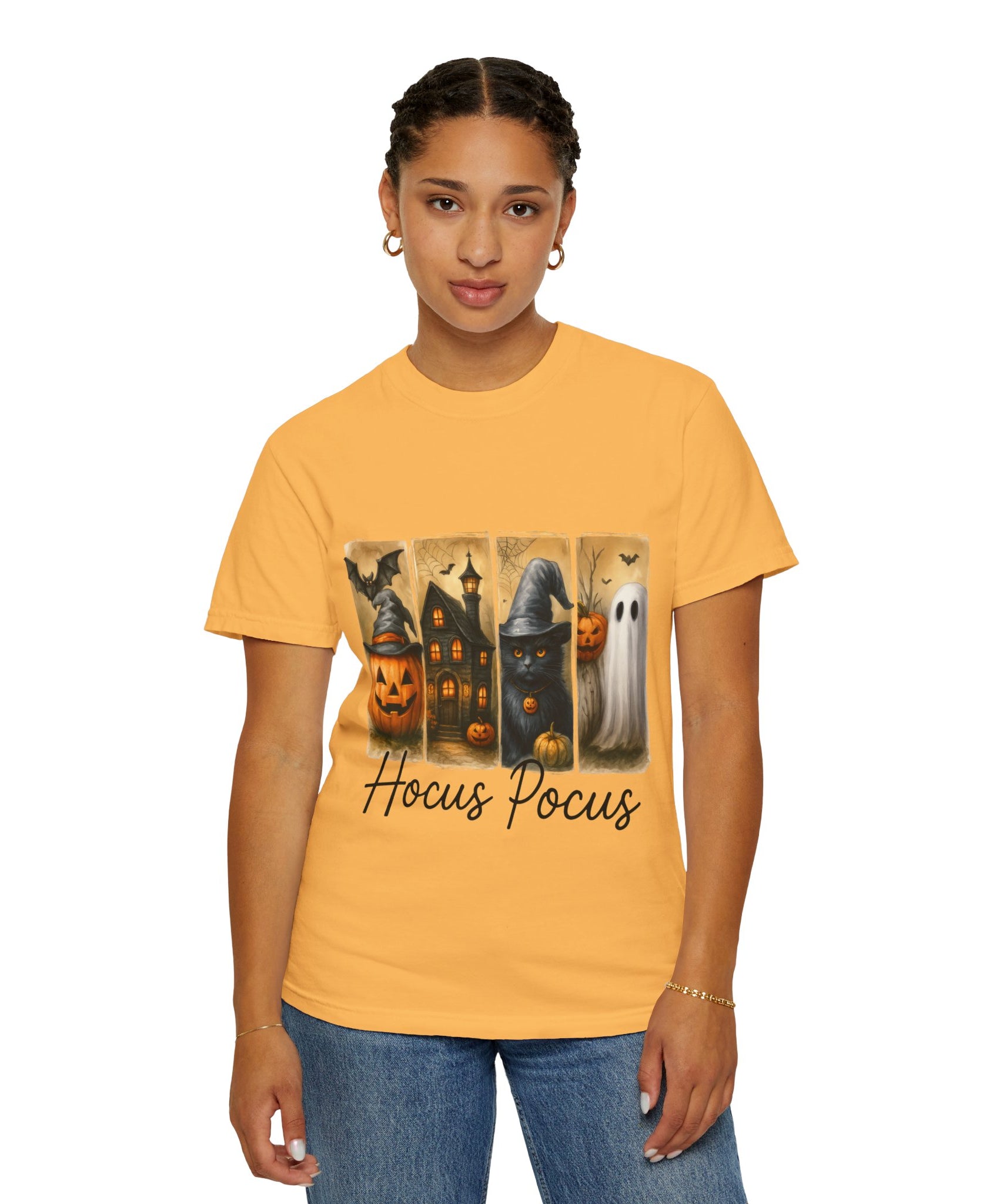 Hocus Pocus Halloween Unisex T-Shirt – Witchy Cat, Haunted House, Pumpkin & Ghost Art - Gallory Hive