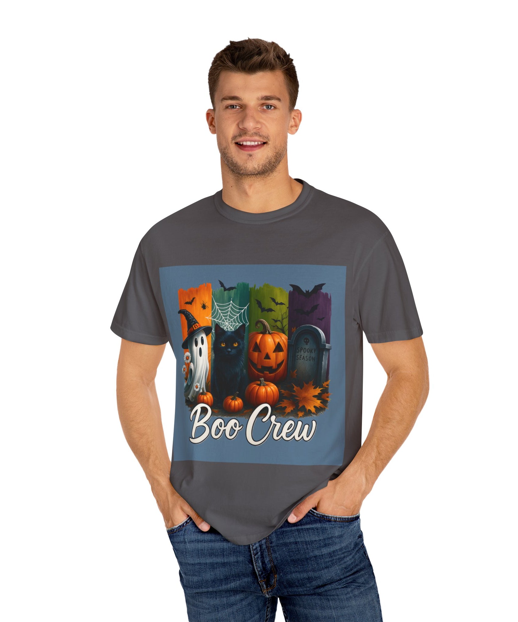Boo Crew Halloween Unisex T-Shirt – Cute Ghost, Black Cat, Pumpkin & Tombstone Design - Gallory Hive