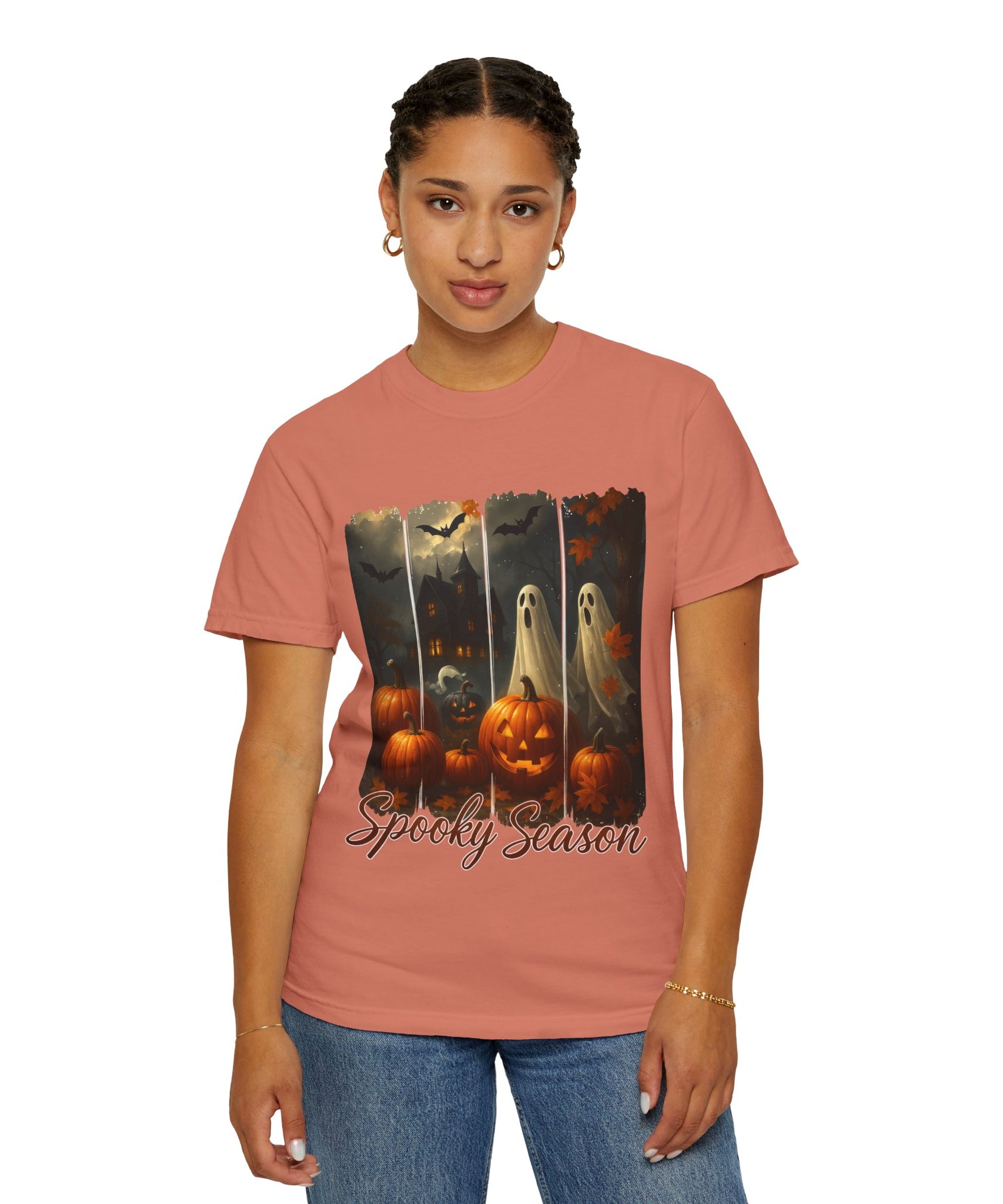 Spooky Season Unisex Halloween T-Shirt – Haunted House, Pumpkins & Ghosts Fall Design - Gallory Hive