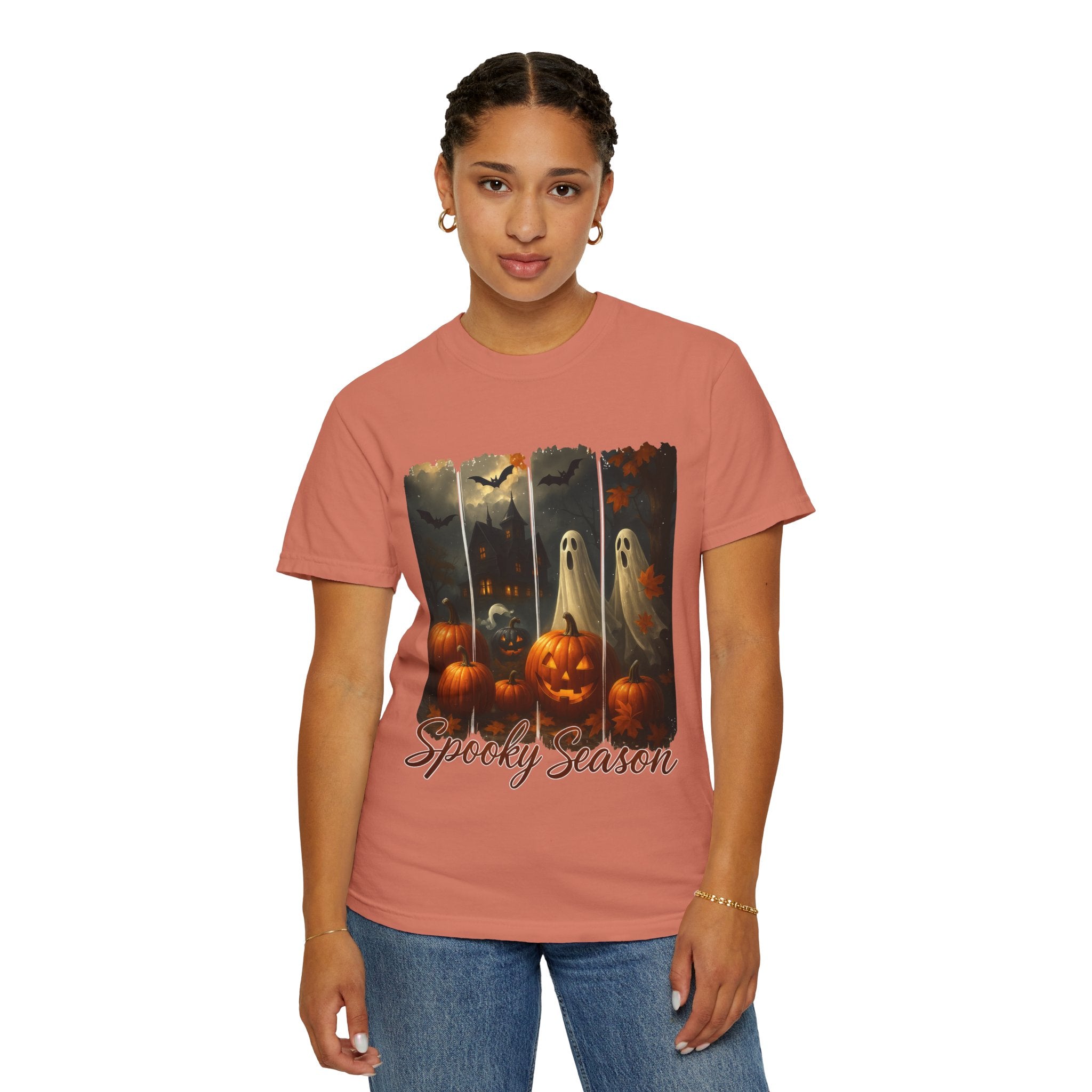 Spooky Season Unisex Halloween T-Shirt – Haunted House, Pumpkins & Ghosts Fall Design - Gallory Hive