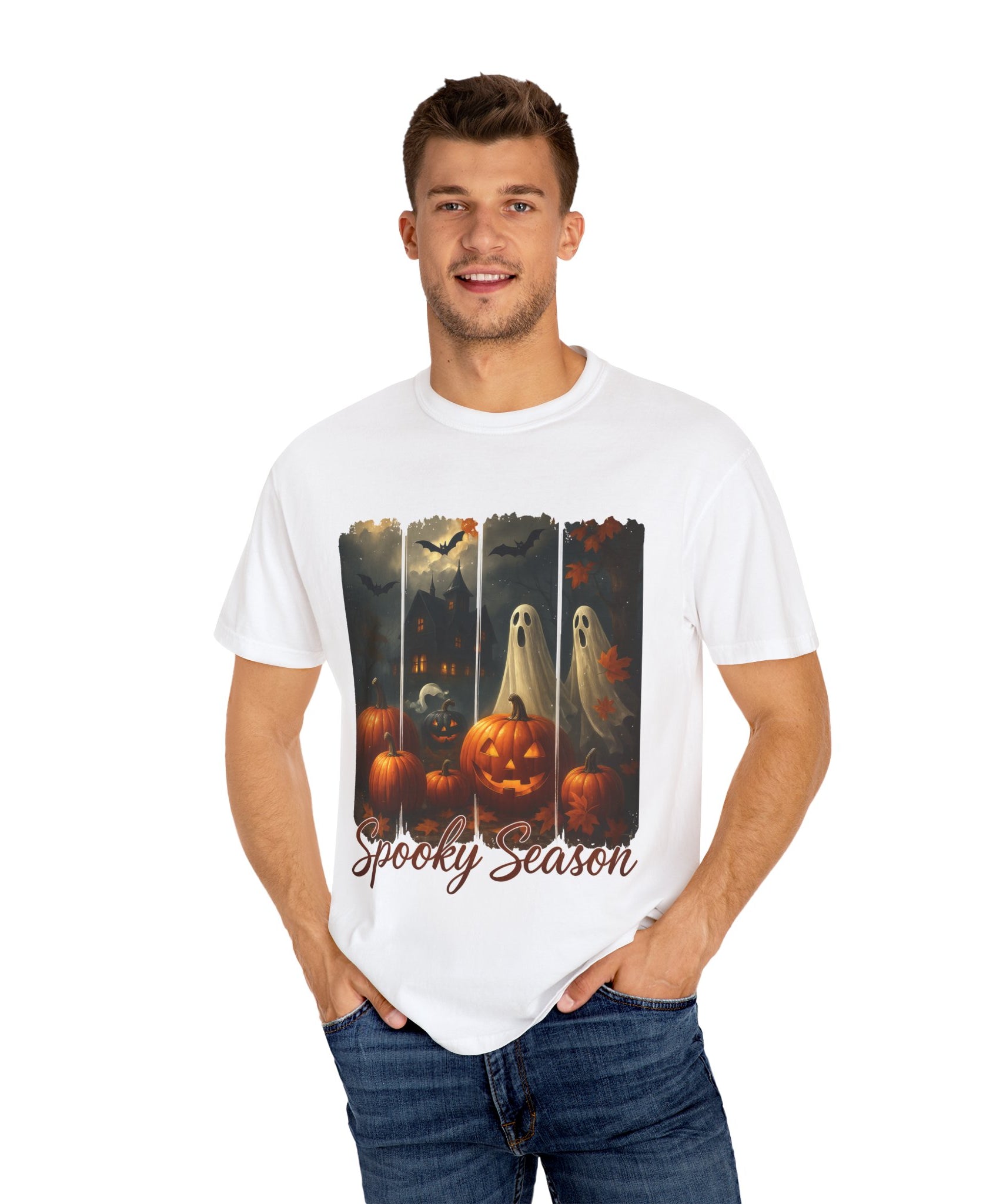 Spooky Season Unisex Halloween T-Shirt – Haunted House, Pumpkins & Ghosts Fall Design - Gallory Hive