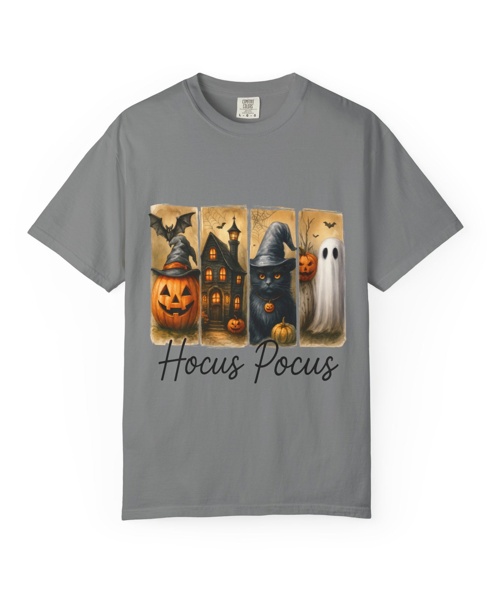 Hocus Pocus Halloween Unisex T-Shirt – Witchy Cat, Haunted House, Pumpkin & Ghost Art - Gallory Hive